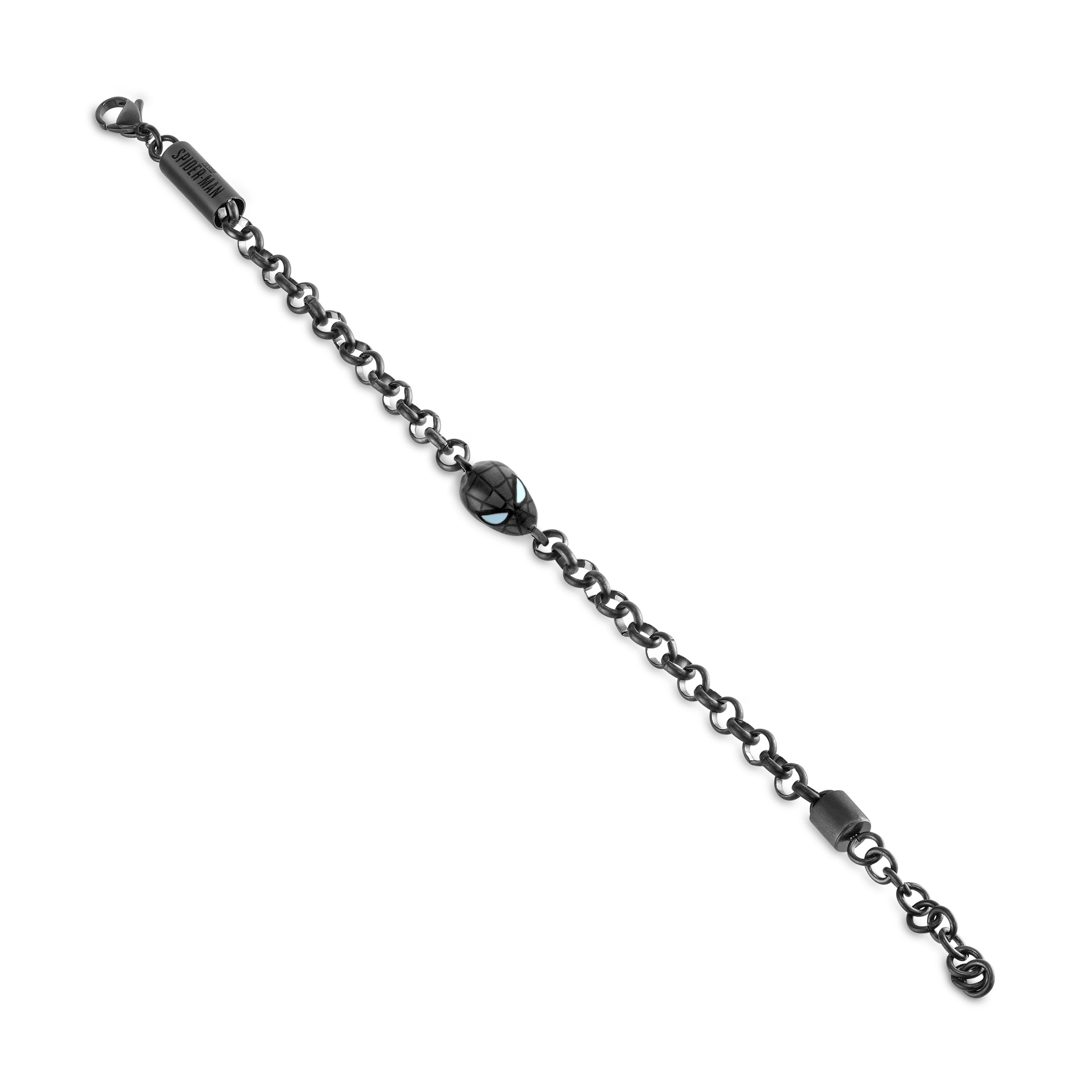 Black-toned rolo chain bracelet with a black Spider-Man mask charm, white eyes, an engraved 'SPIDER-MAN' bar, and lobster cla