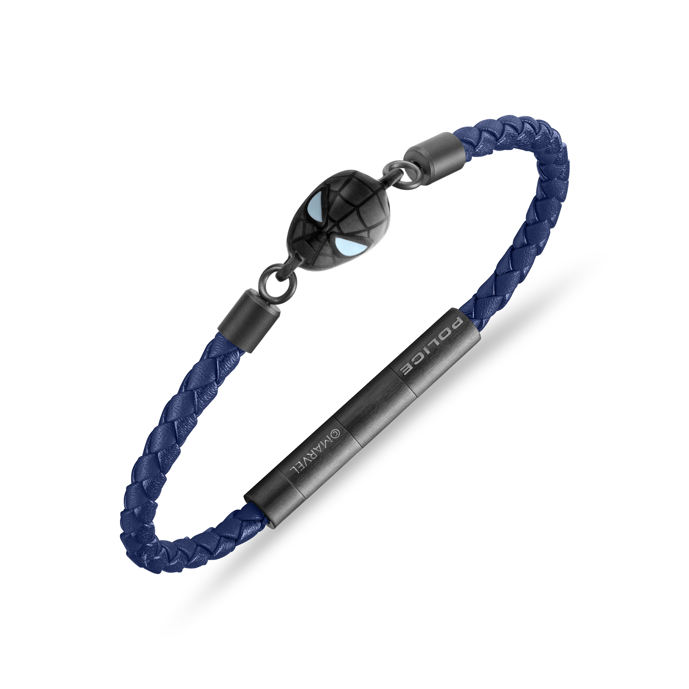 Navy braided leather bracelet with a black Spider-Man mask charm, light blue eyes, and dark gray metal clasp and bar.