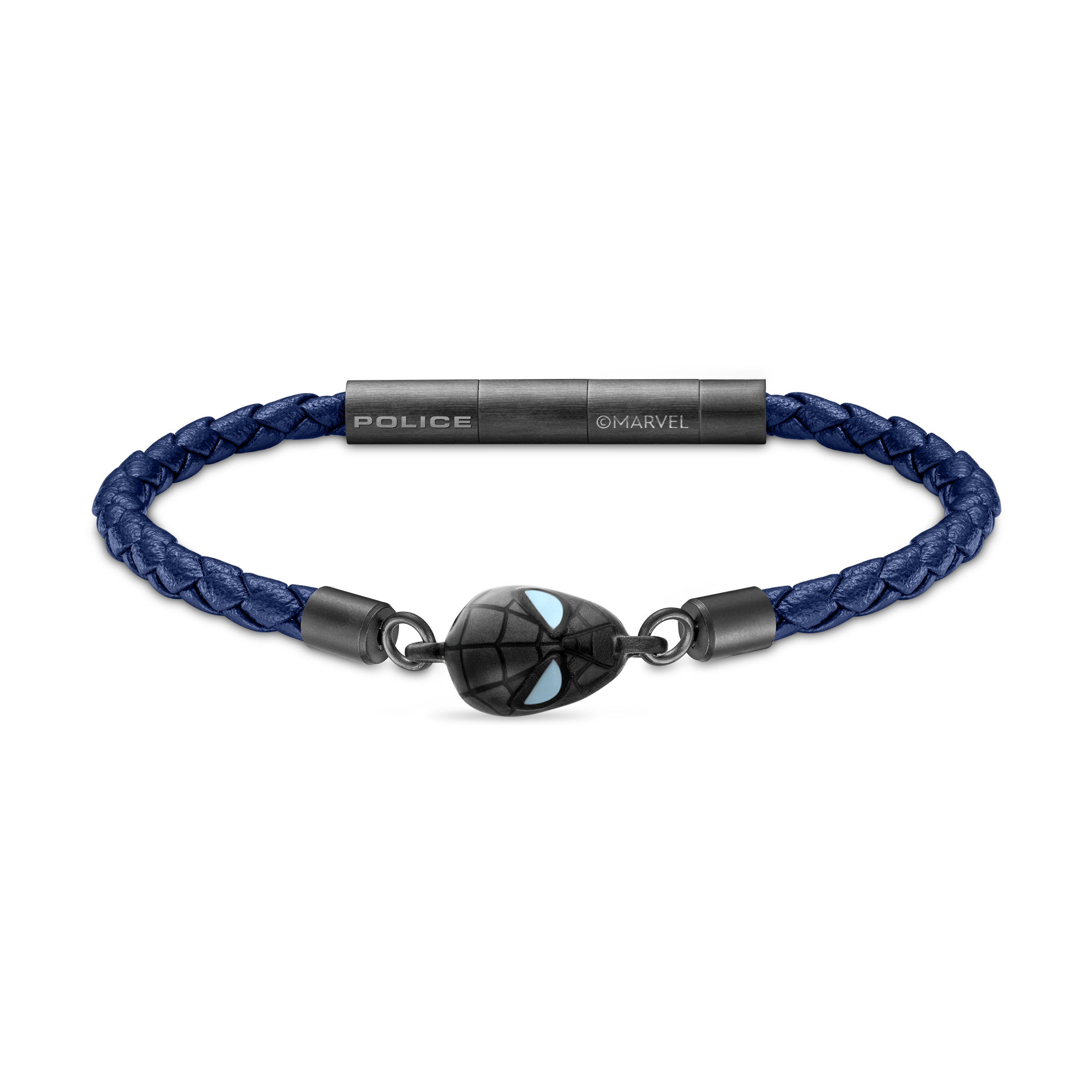 Navy blue braided leather bracelet with a dark-toned Spider-Man mask charm and a dark-toned metal barrel clasp.