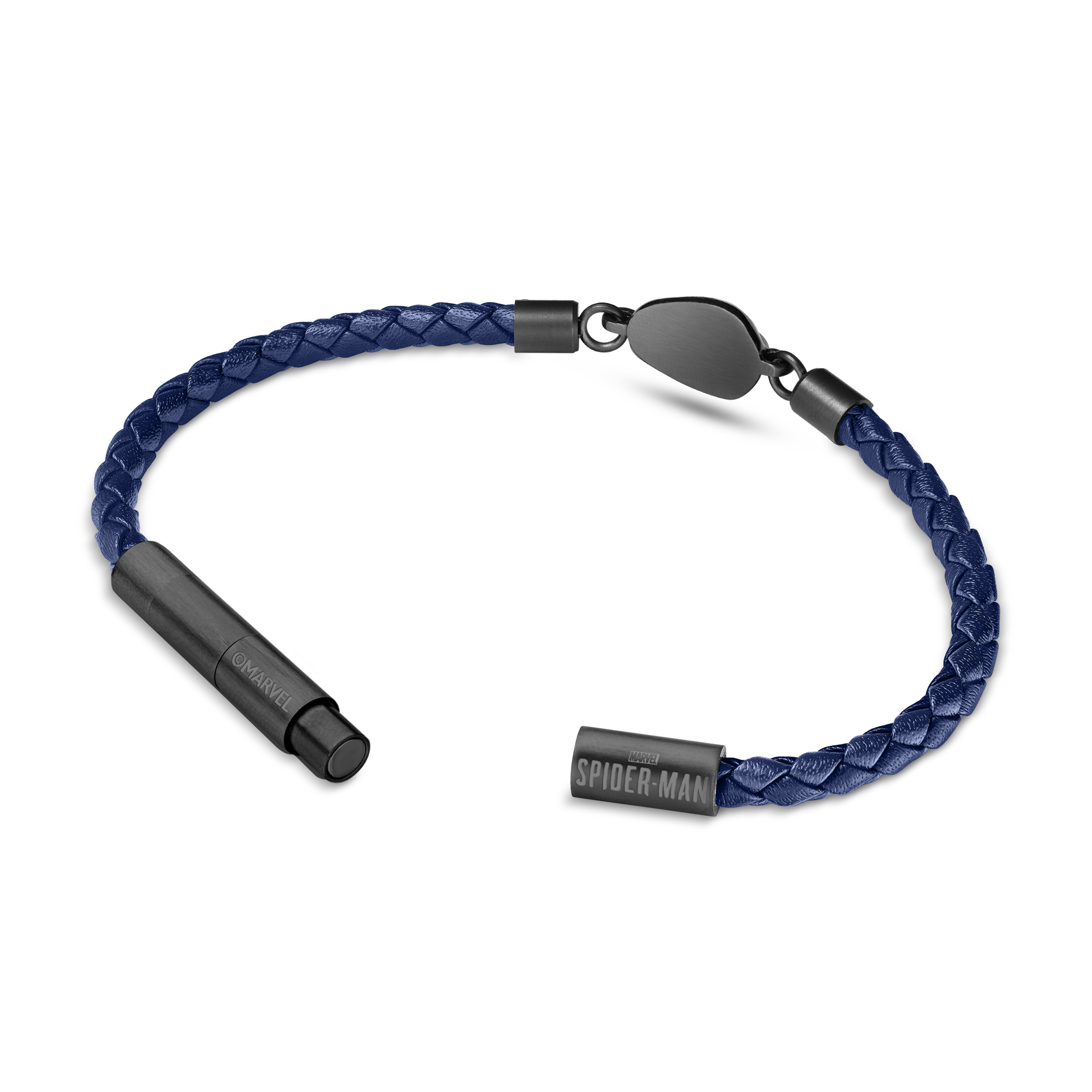 Navy blue braided leather bracelet with gunmetal-toned barrel end cap engraved "©MARVEL" and bar end cap engraved "SPIDER-MAN