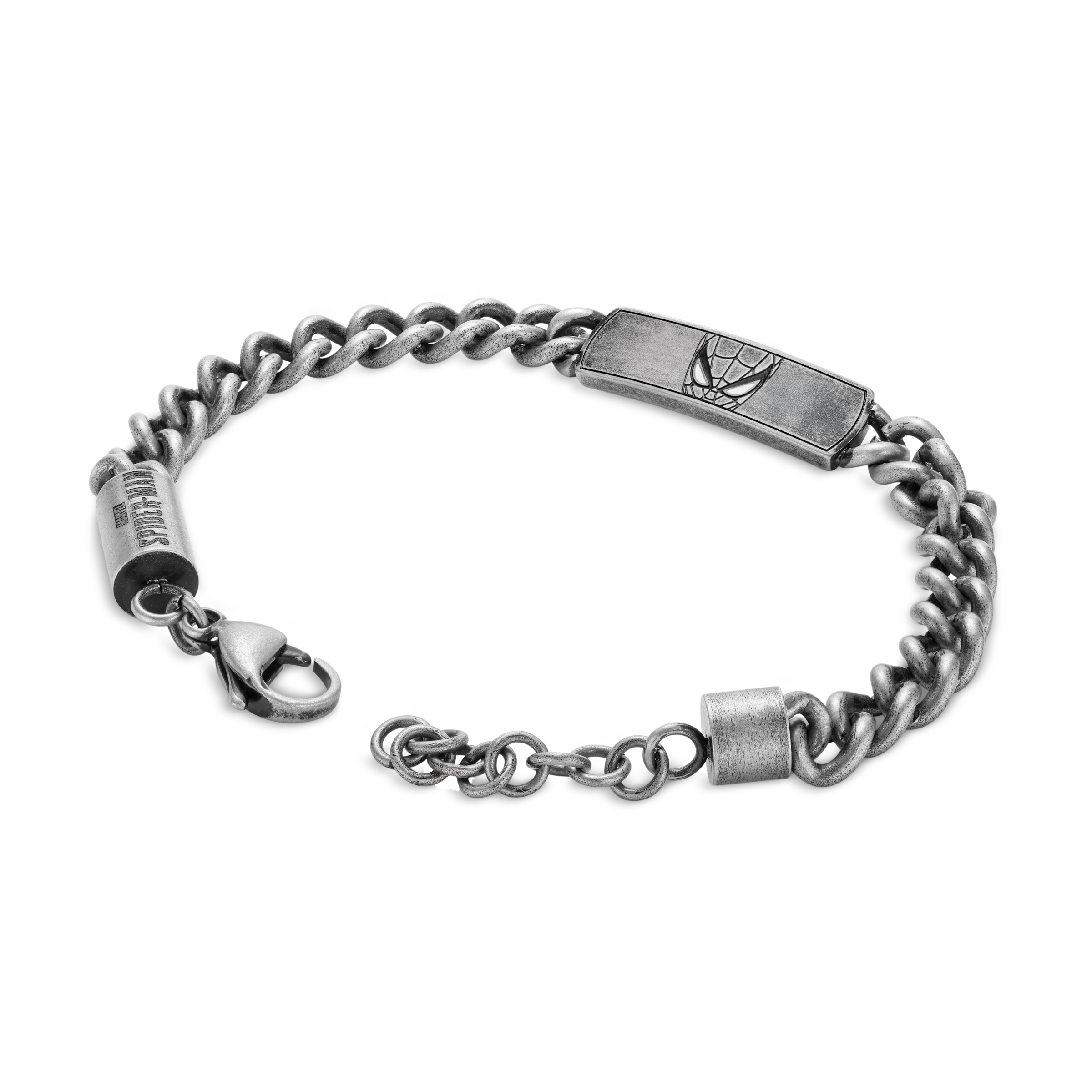 Antique gunmetal-toned curb chain bracelet with a rectangular ID plate featuring an embossed Spider-Man mask. Lobster clasp.