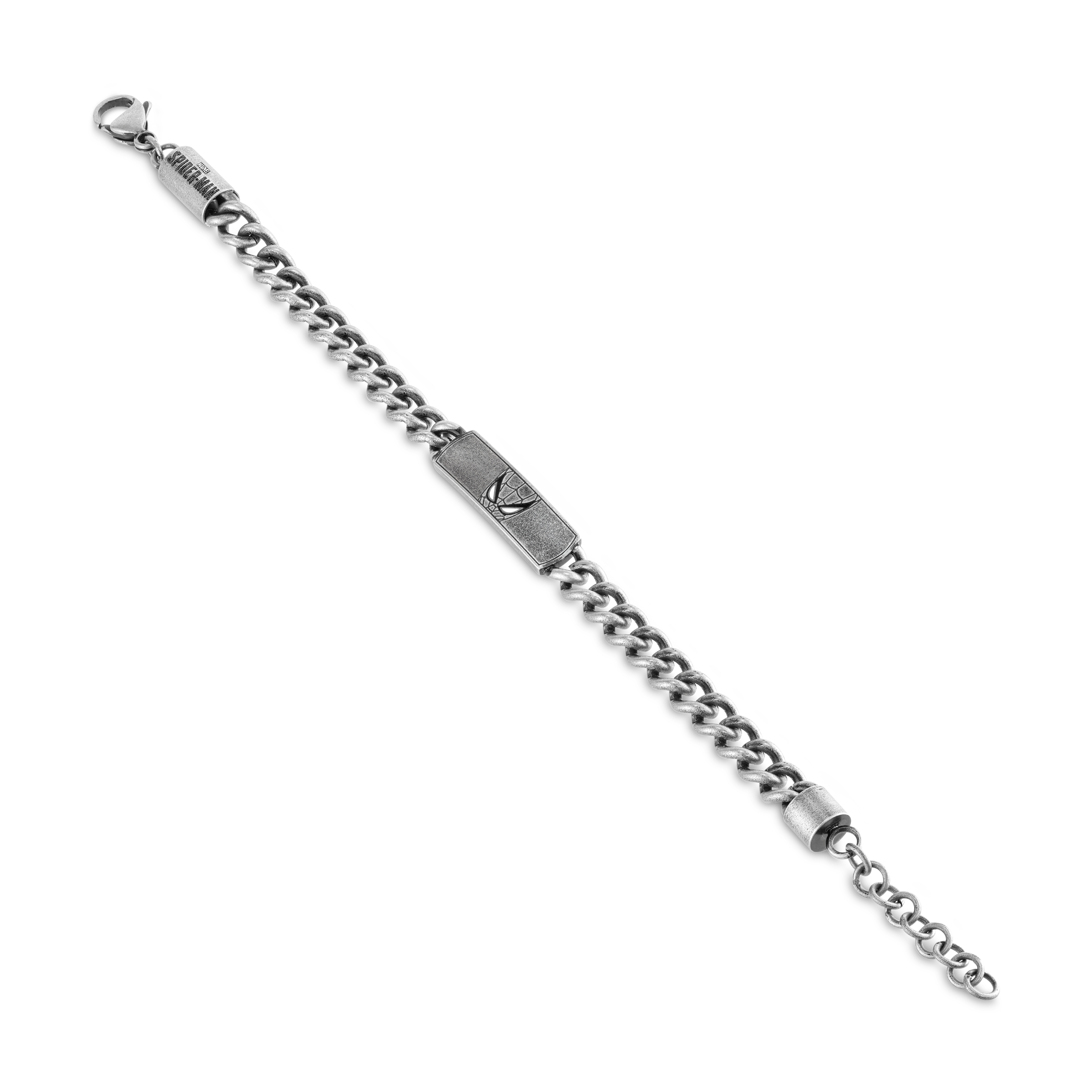 Antique gunmetal-toned curb chain bracelet with a rectangular plate featuring an embossed spider symbol. 'SPIDER-MAN' engrave