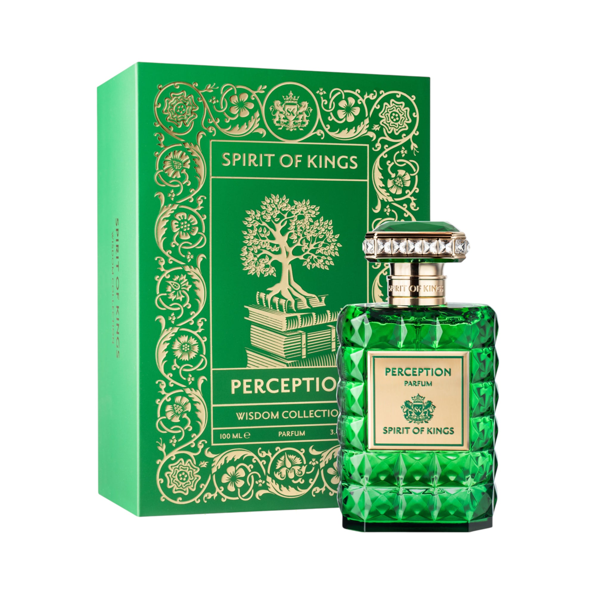 Green box with gold-toned ornate designs, and a green faceted perfume bottle with a gold-toned label and jeweled cap.