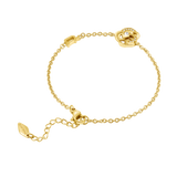 Gold-toned chain bracelet with an intertwined floral design, adorned with clear crystals. Features a lobster clasp and an ext