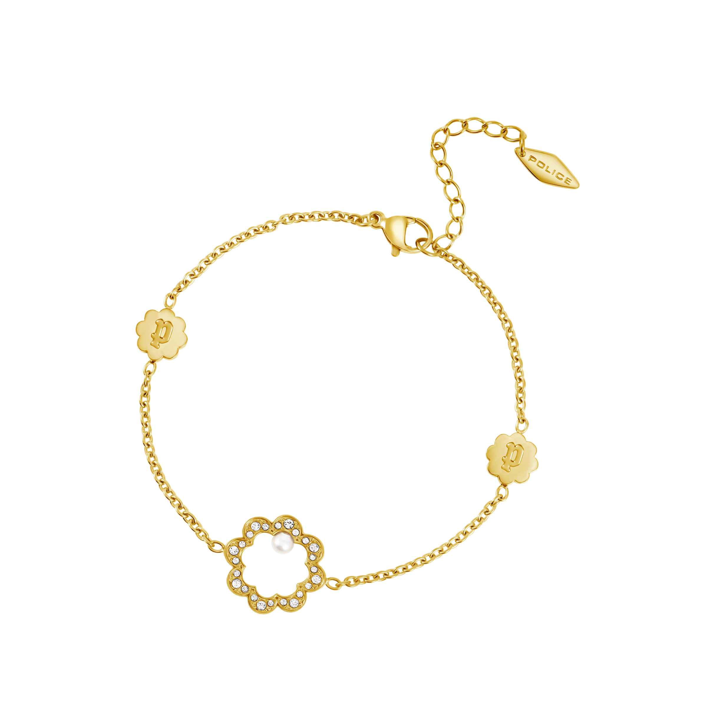 Gold-toned chain bracelet with a crystal-encrusted open flower charm holding a white pearl, and two 'P' embossed flower charm