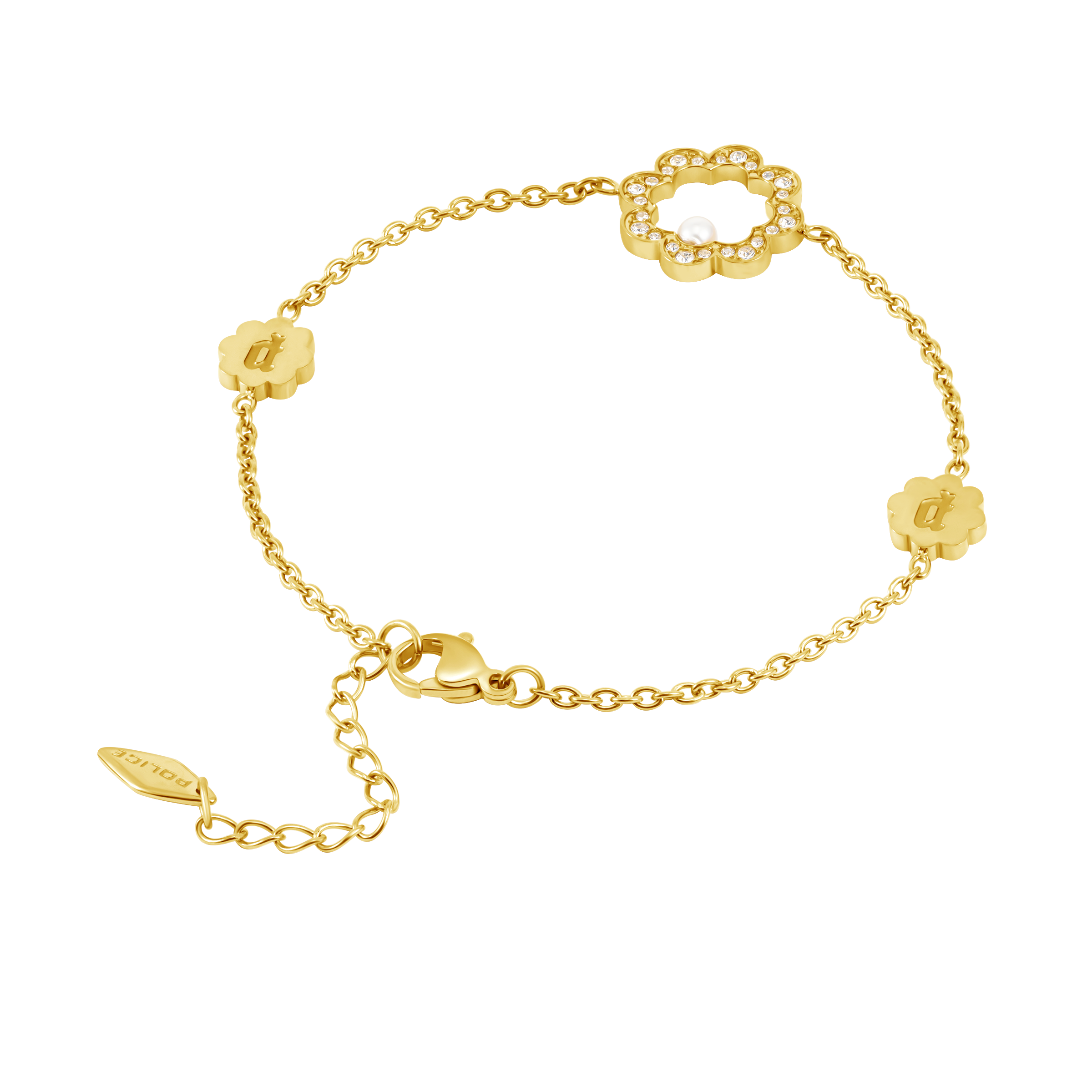 Gold-toned chain bracelet with a crystal-studded flower charm with a pearl, two smaller flower charms with an engraved 'd', a