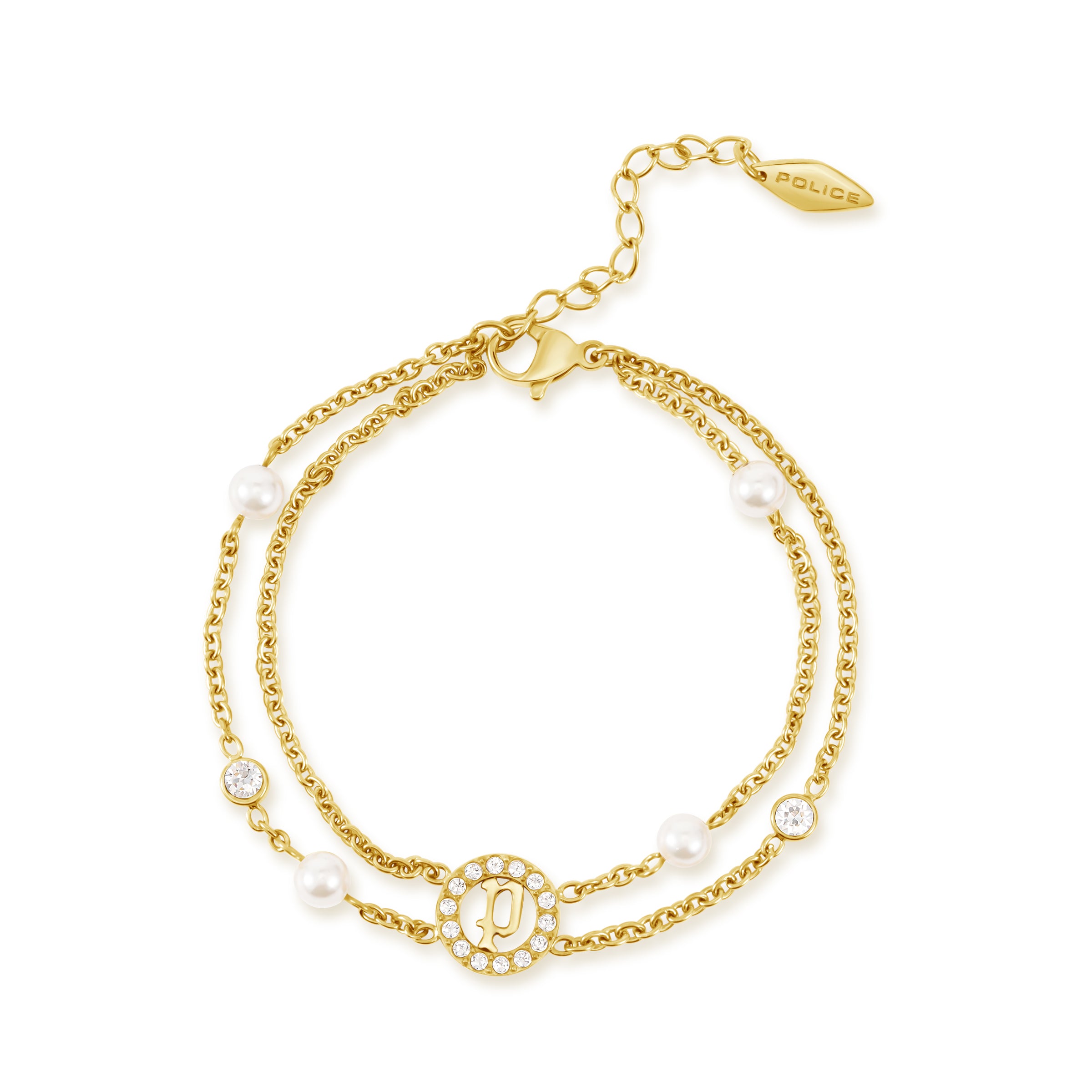 Gold-toned double-strand bracelet with pearls, clear crystals, and a circular 'P' motif charm surrounded by crystals.
