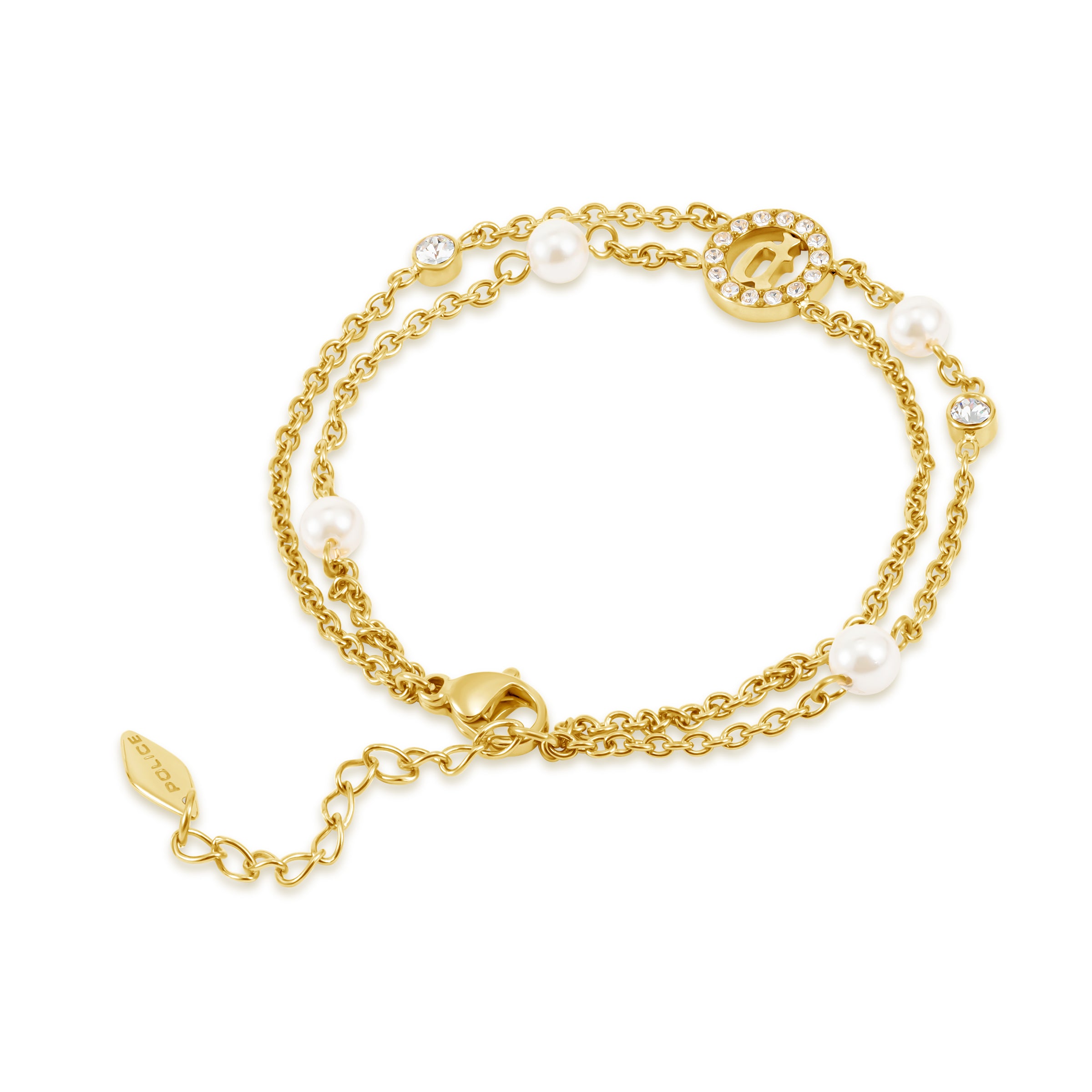 Gold-toned double-chain bracelet with white pearls, clear crystals, and a crystal-encrusted circular 'P' motif. Lobster clasp