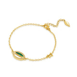 Gold-toned chain bracelet with an oval charm featuring green striped malachite, clear stones, and "POLICE" text. Includes a "