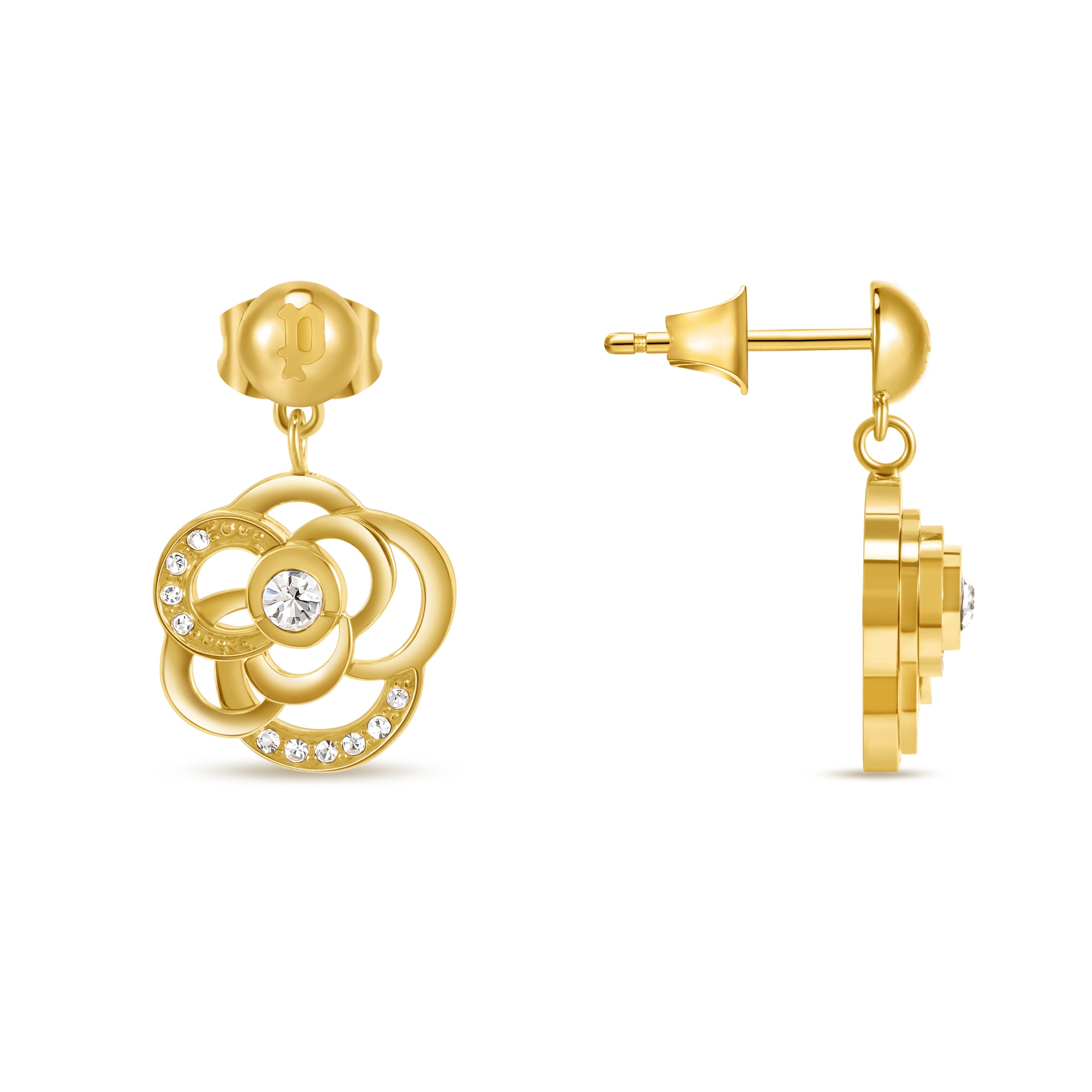 Pair of gold-toned floral drop earrings with clear crystals, featuring a central crystal and smaller crystals on the petals.