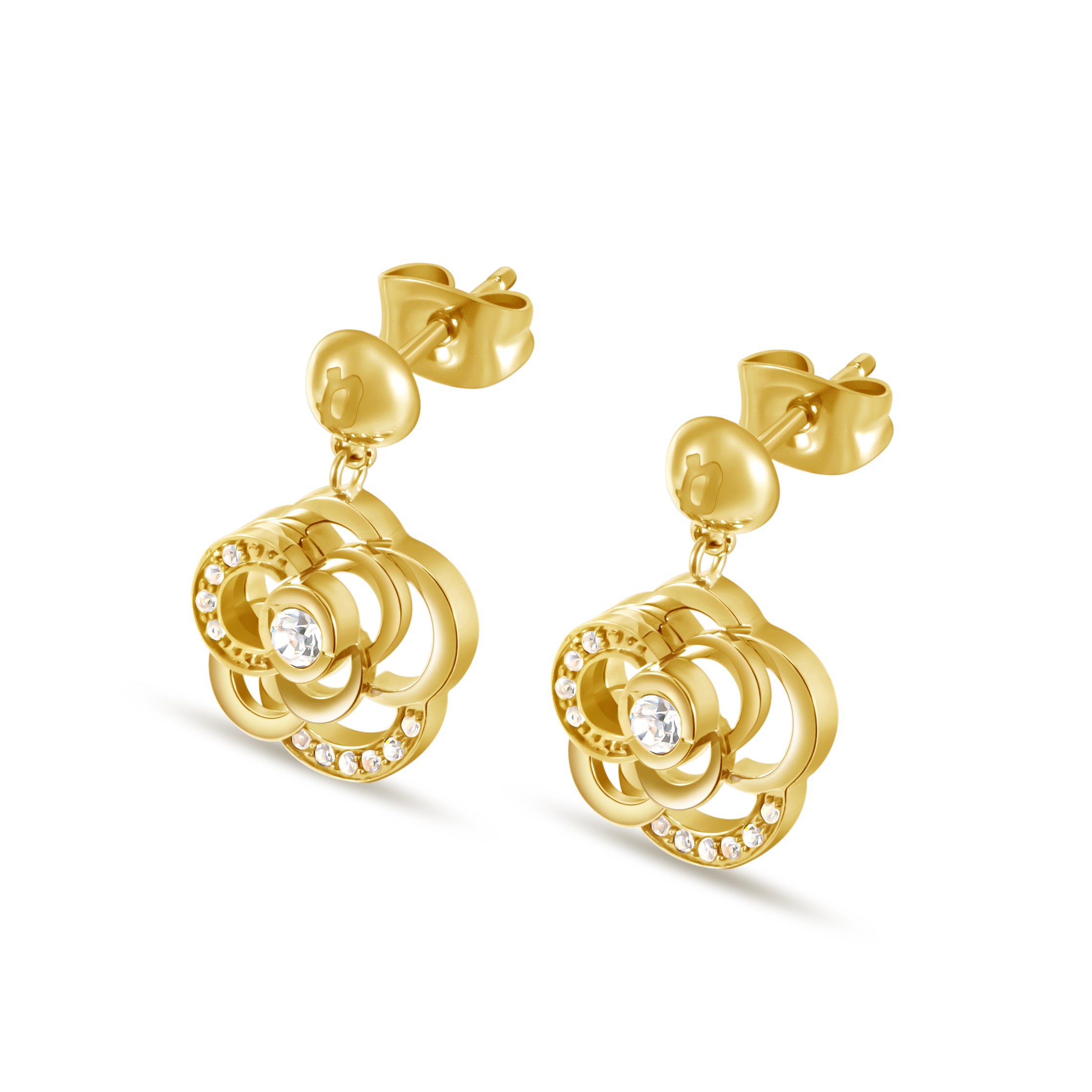 Pair of gold-toned floral dangle earrings. Each features a stud, a flower design with a large clear crystal center, and small