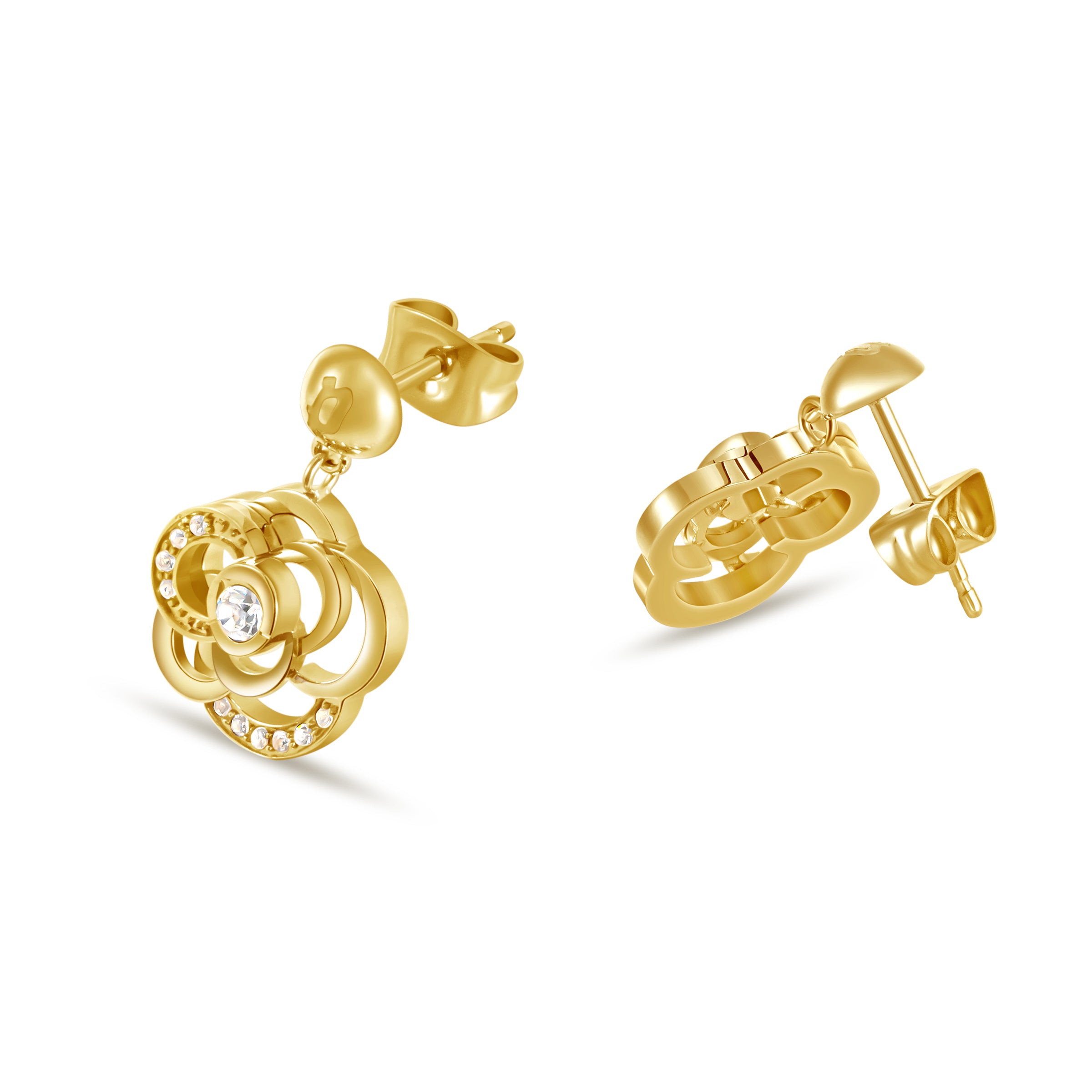 Gold-toned dangle earring with floral crystal drop. Second gold-toned earring shows stud post and clasp from back.