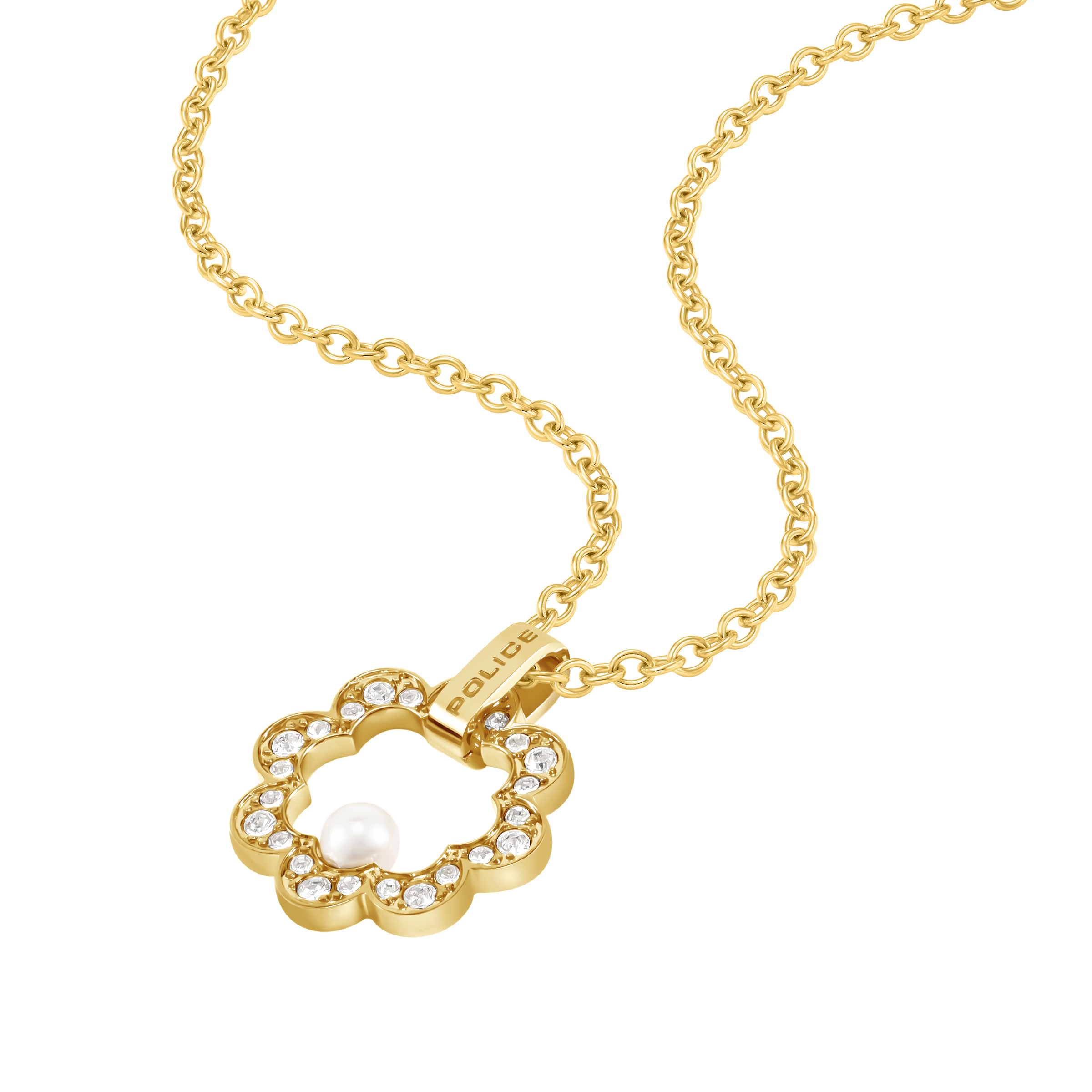 Gold-toned chain necklace with a flower pendant, clear crystals, and a central white pearl. "POLICE" engraved on the bail.