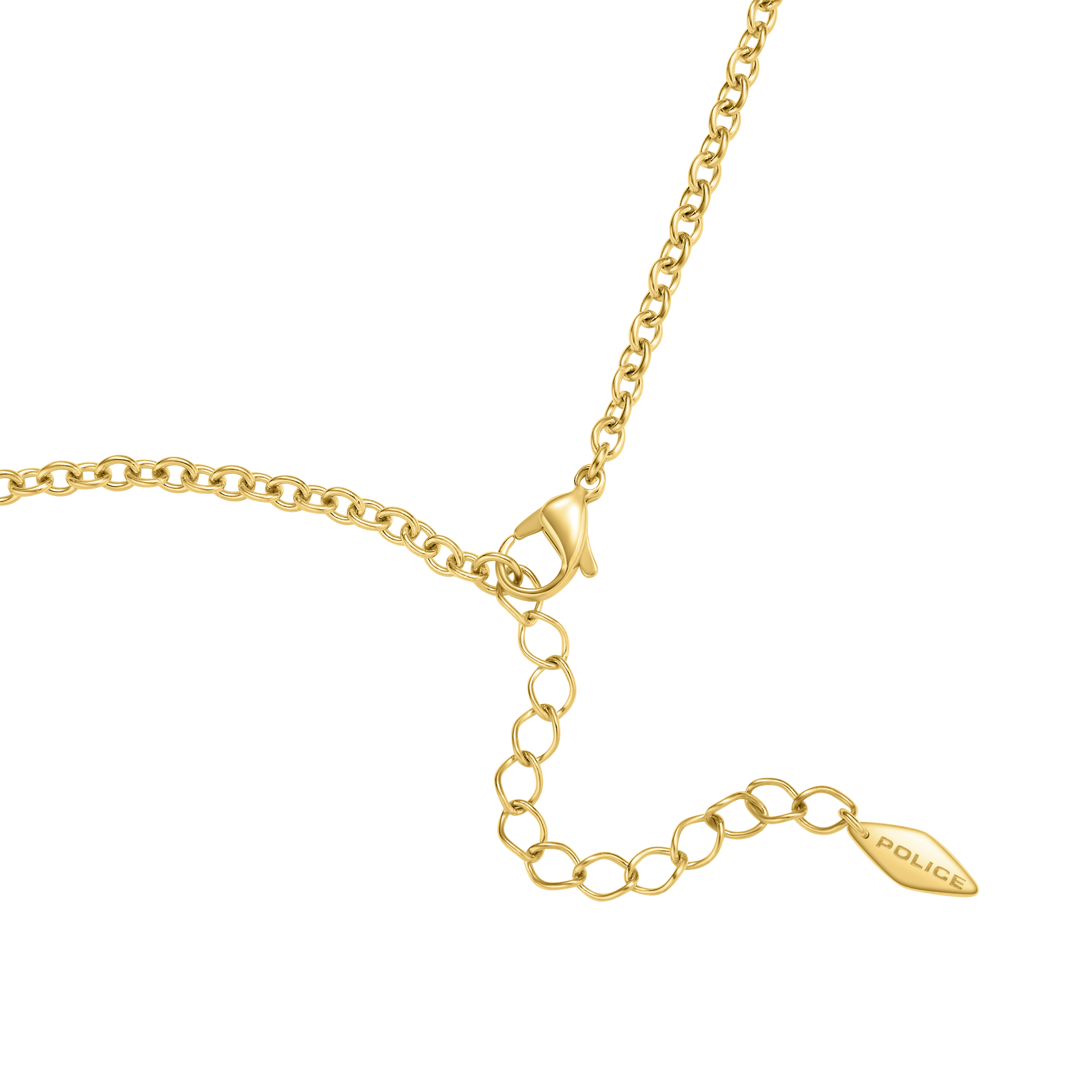 Gold-toned curb chain necklace with a lobster clasp, an extender chain, and a small leaf-shaped tag engraved with 'POLICE'.
