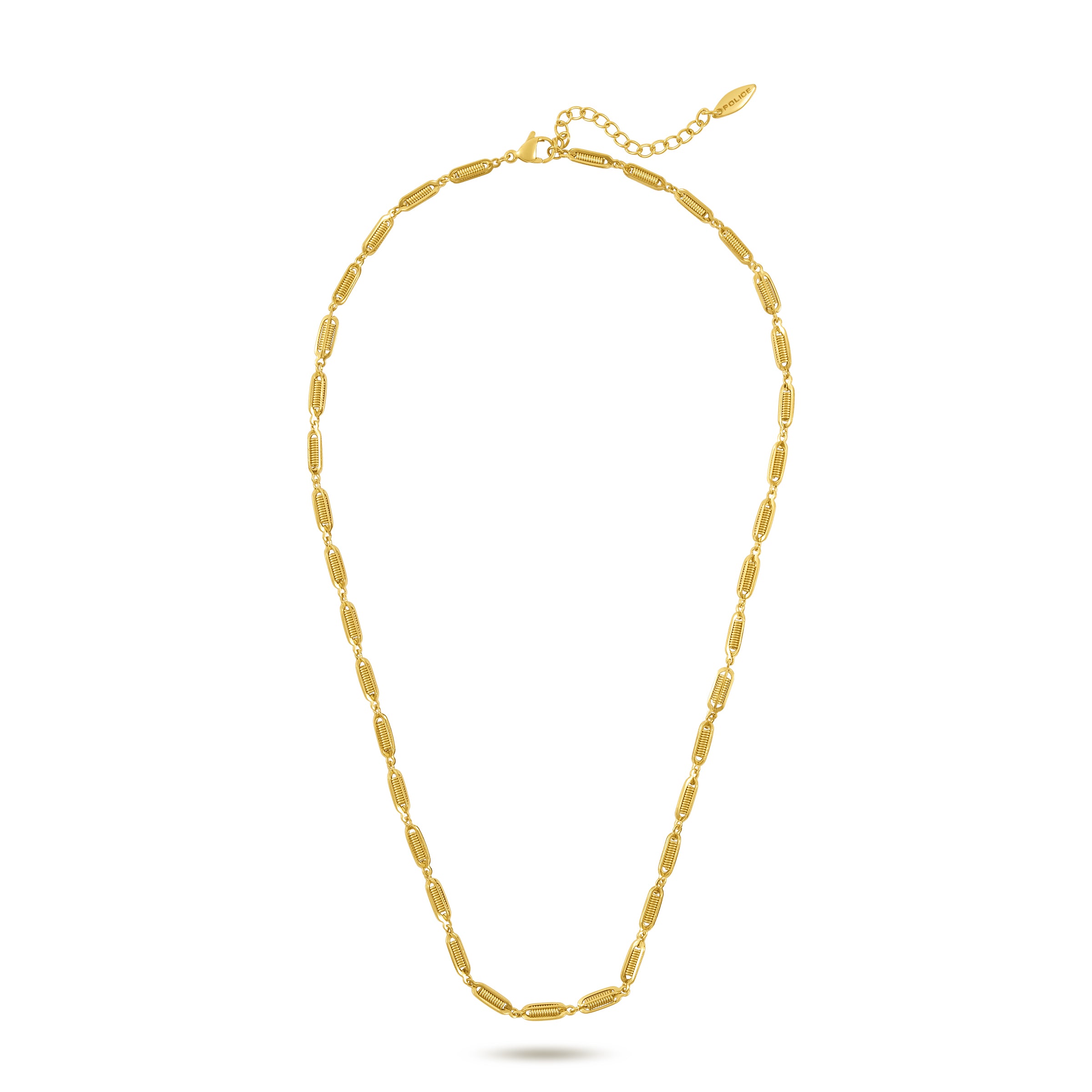 Gold-toned custom link necklace with textured elongated links, a lobster clasp, and an adjustable extender chain.