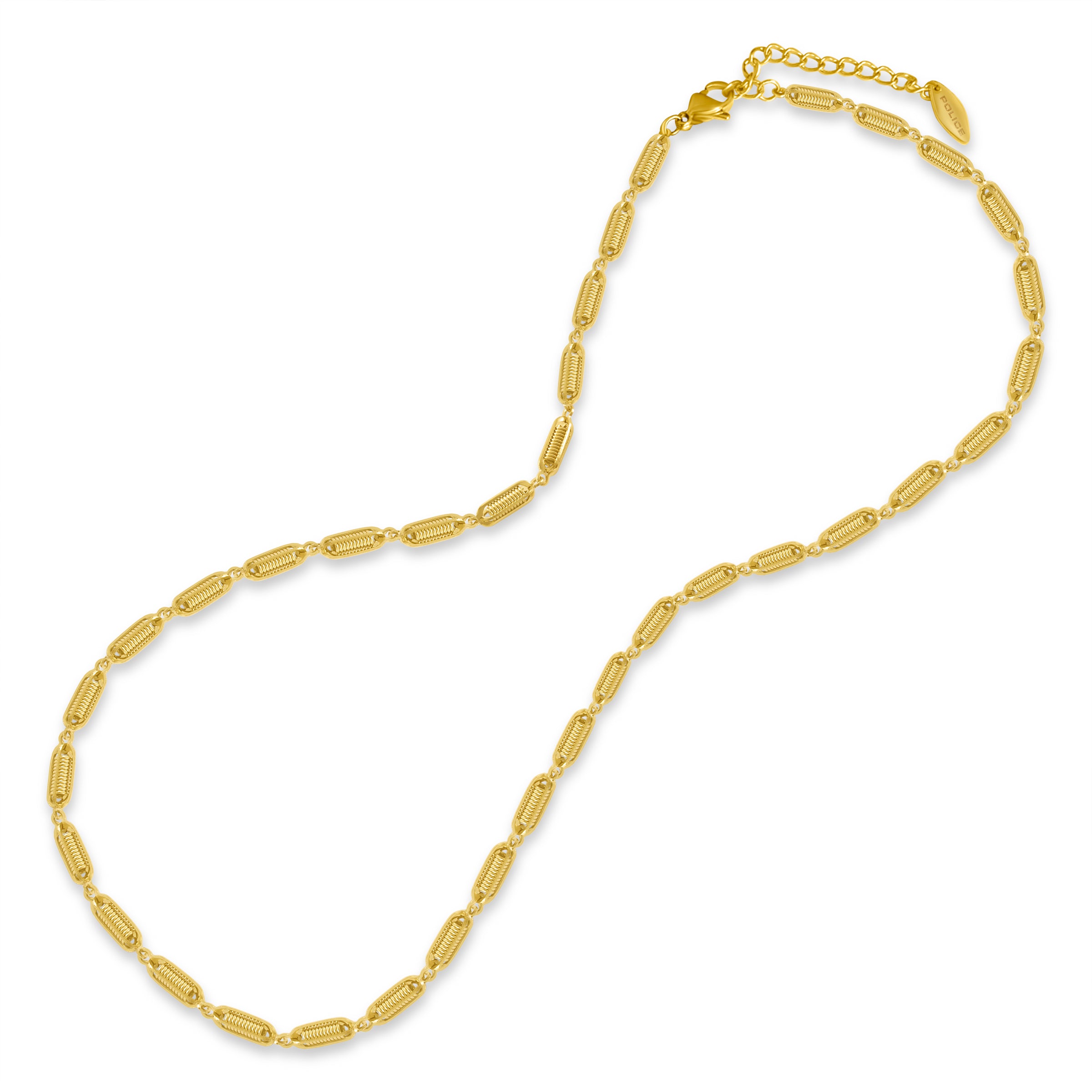 Gold-toned necklace with a chain of interconnected, ribbed, elongated oval links, a lobster clasp, and an extender chain.