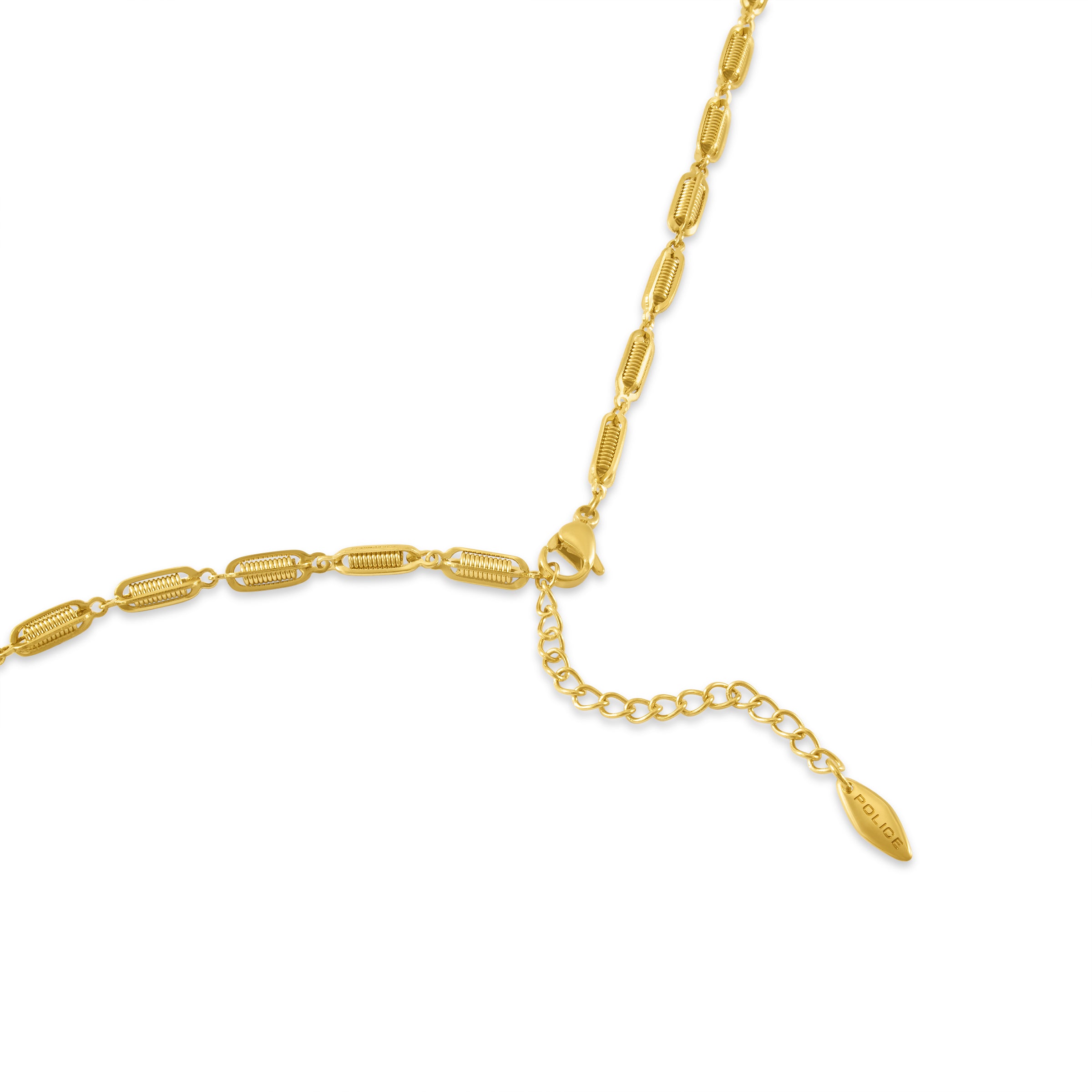 Gold-toned necklace with textured, ribbed oval links, a lobster clasp, an extender chain, and a "POLICE" tag.