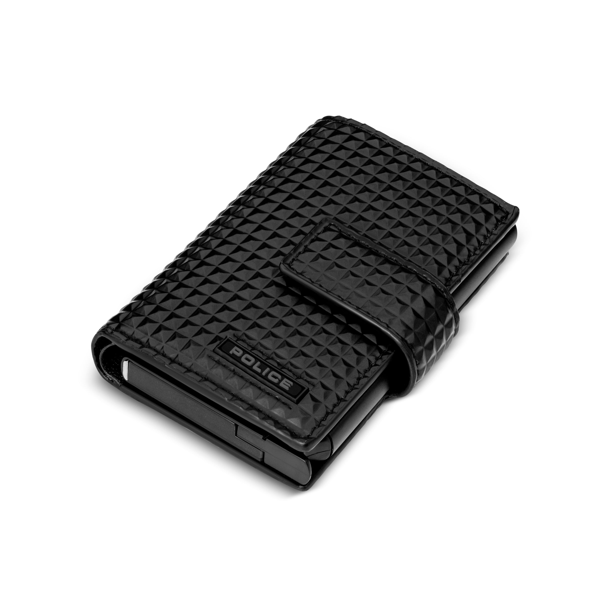 Black Police men's vegan leather card case with a geometric embossed pattern and front flap snap closure.