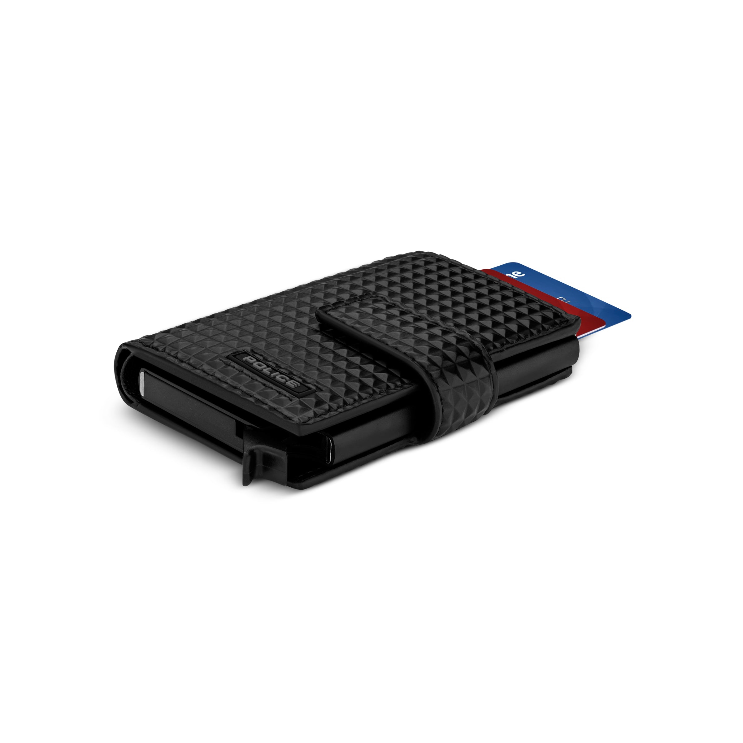 Black vegan leather card case with a textured geometric pattern, "POLICE" logo, and a wrap-around strap.
