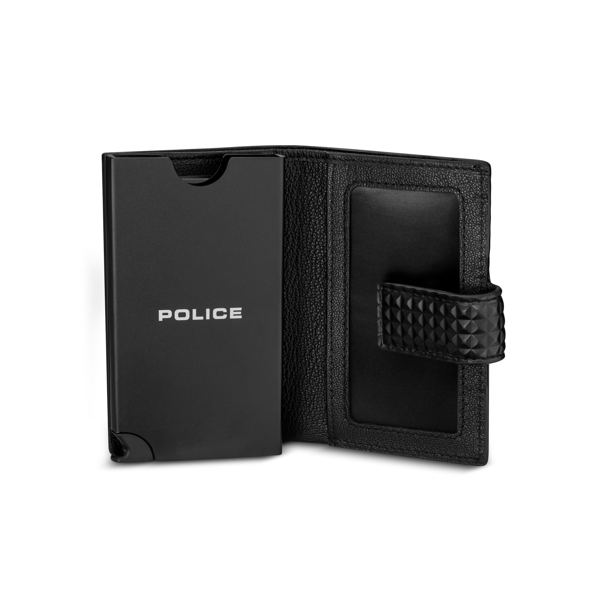Black vegan leather card case, open to show a black card holder with "POLICE" text and a textured strap.