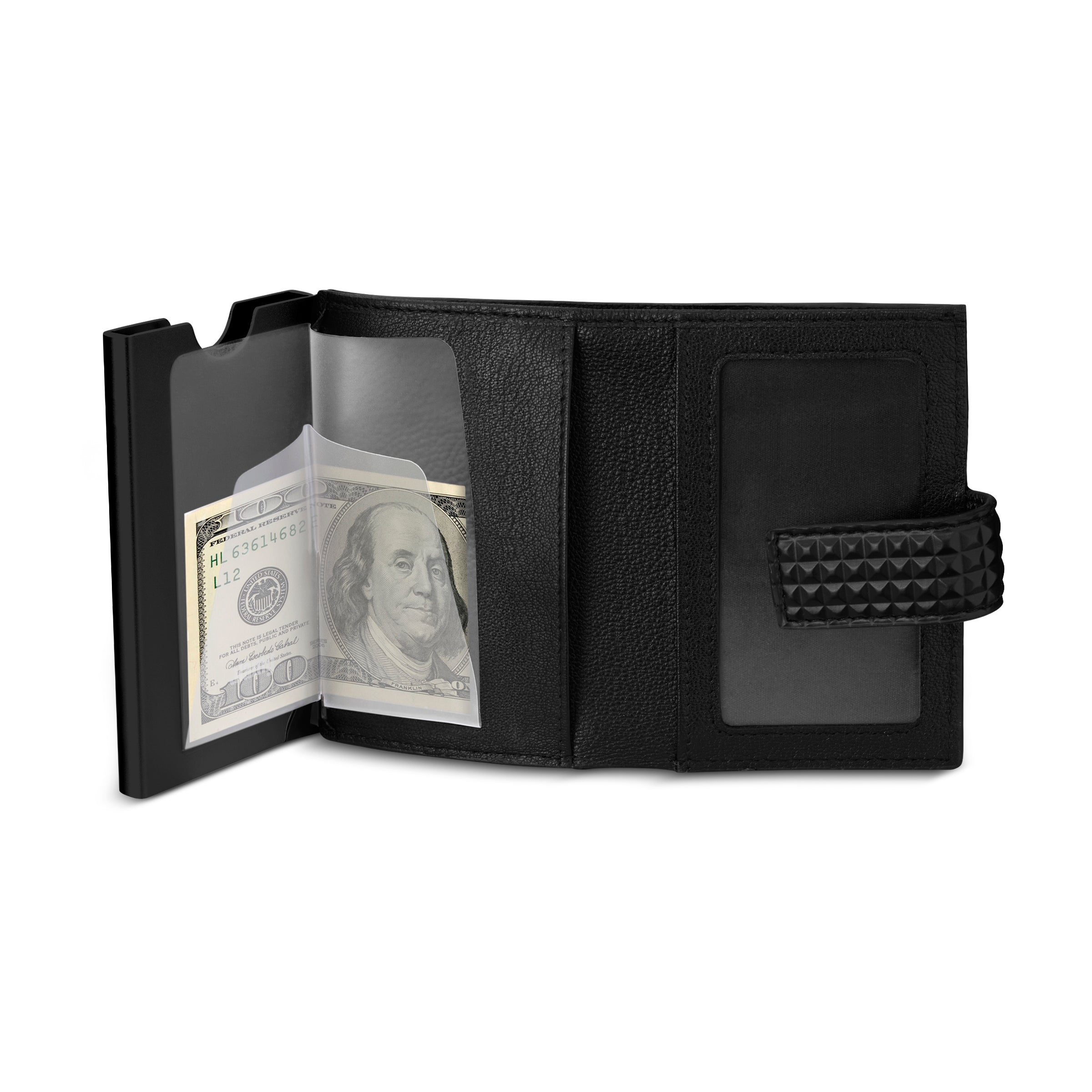 Black textured vegan leather card case, open. Features a clear card slot and a black studded strap closure.