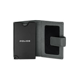 Open grey textured card case with a black sliding 'POLICE' card holder and an interior mesh slot with a strap.