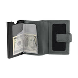 Open grey textured leather card case with a black automatic card dispenser, a clear sleeve, a black mesh pocket, and a grey s