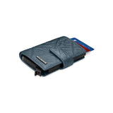 Navy blue textured leather automatic card case with a front flap, silver-toned 'POLICE' plaque, and visible card ejection lev