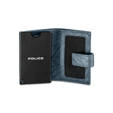 Navy textured leather card case, open to show a black automatic card holder with "POLICE" text, a black mesh pocket, and a sn