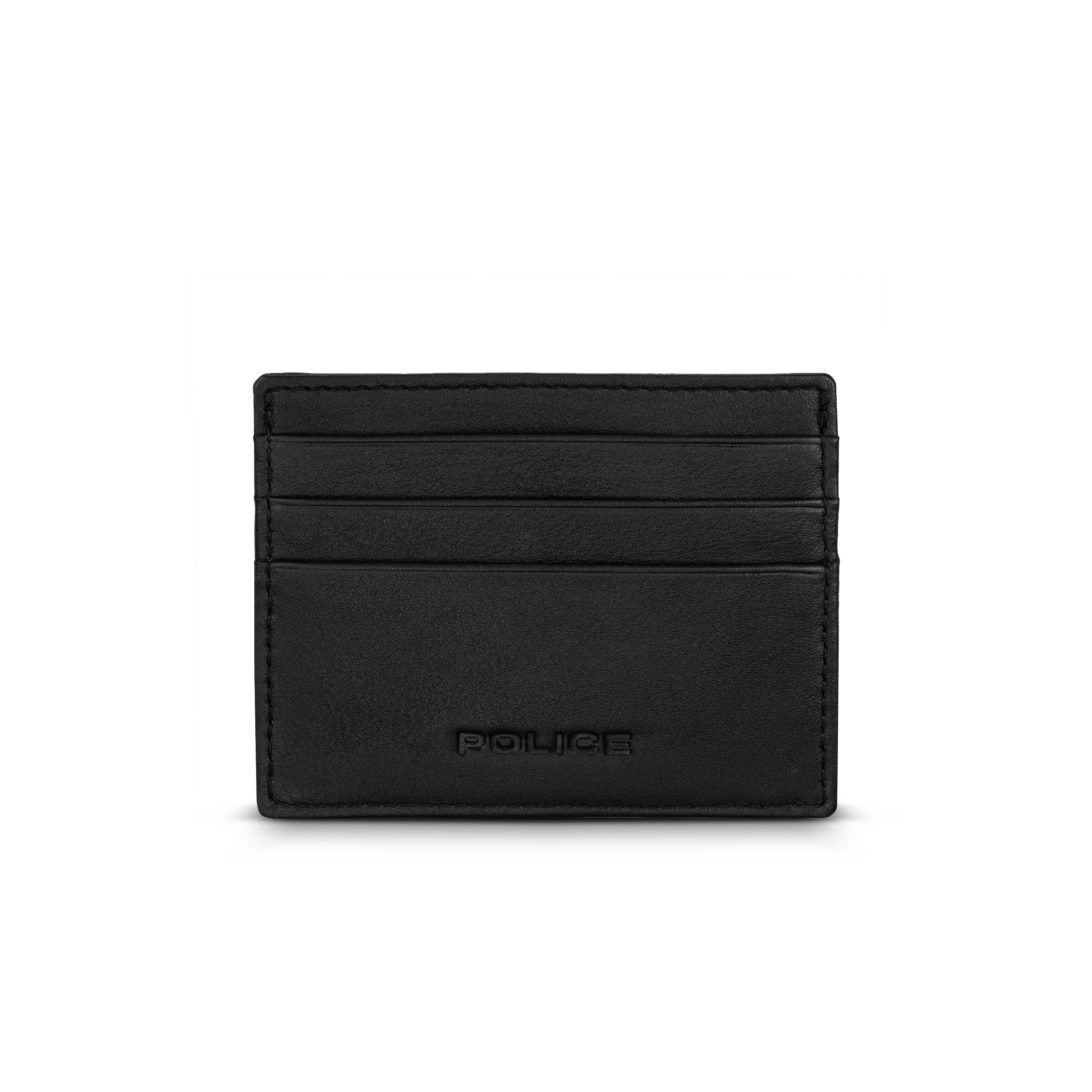 Black leather card case with three horizontal card slots and an embossed 'POLICE' logo at the bottom.