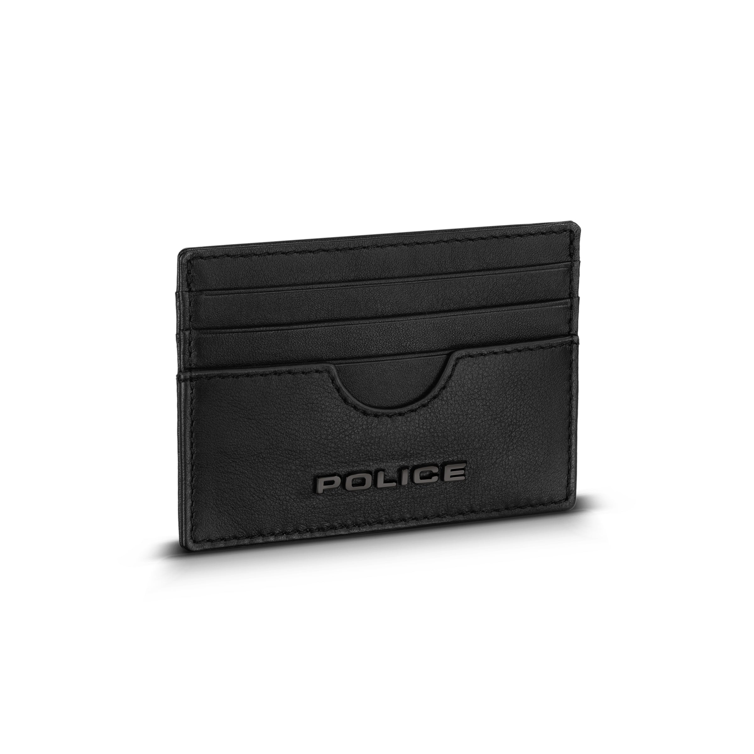 Black leather card case with four card slots on one side and a subtle black 'POLICE' logo debossed on the front.