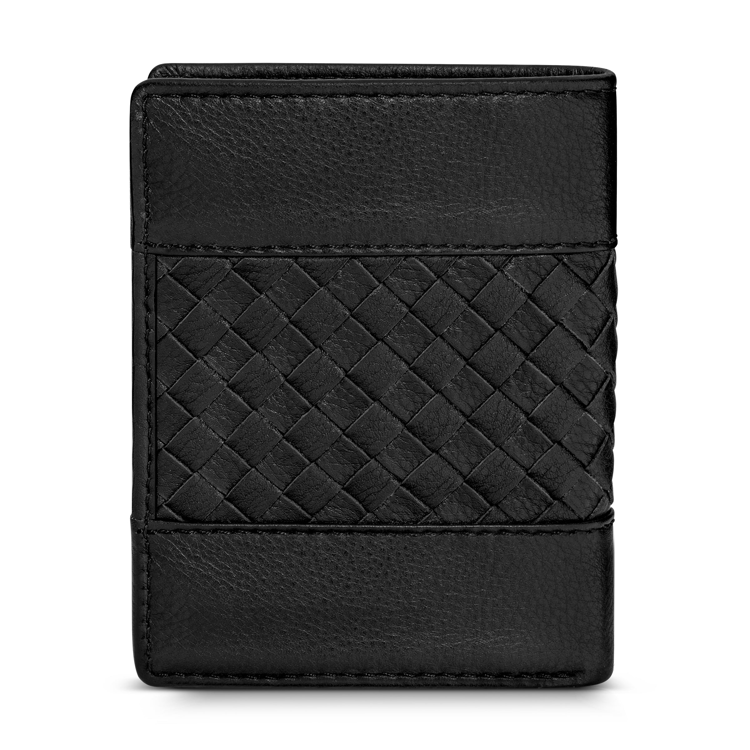 Black leather card case featuring a central woven panel flanked by smooth leather sections at the top and bottom.