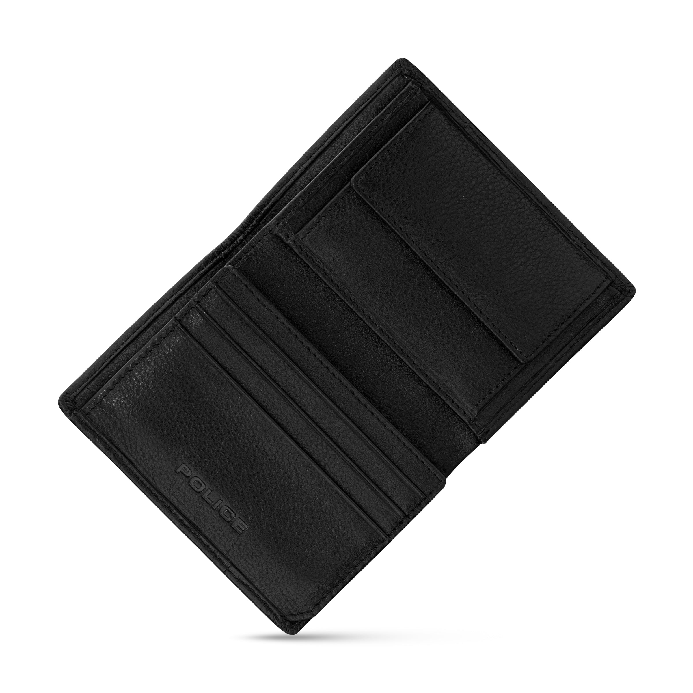 Open black pebbled leather card case with multiple card slots and a flap-covered coin pouch. 'POLICE' logo debossed inside.