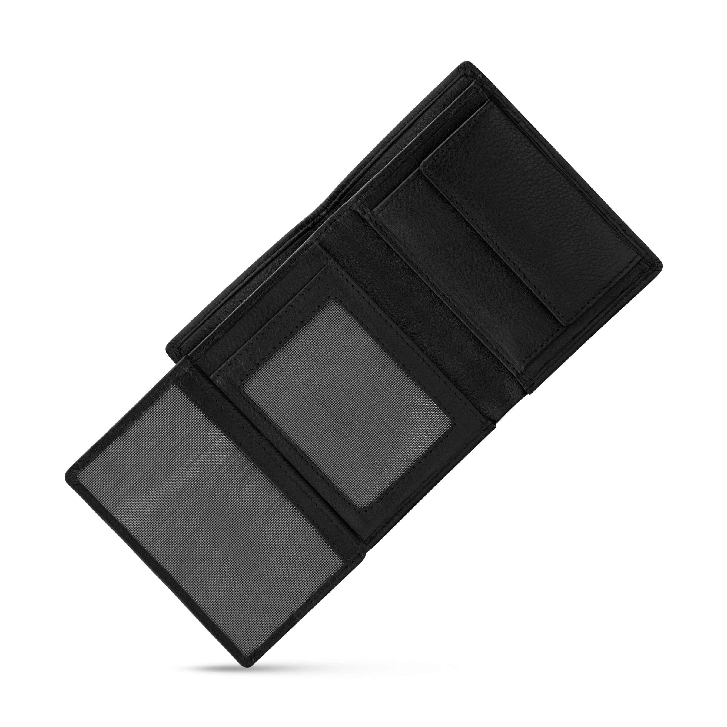 Black textured leather card case, open to show multiple card slots and two clear ID windows.