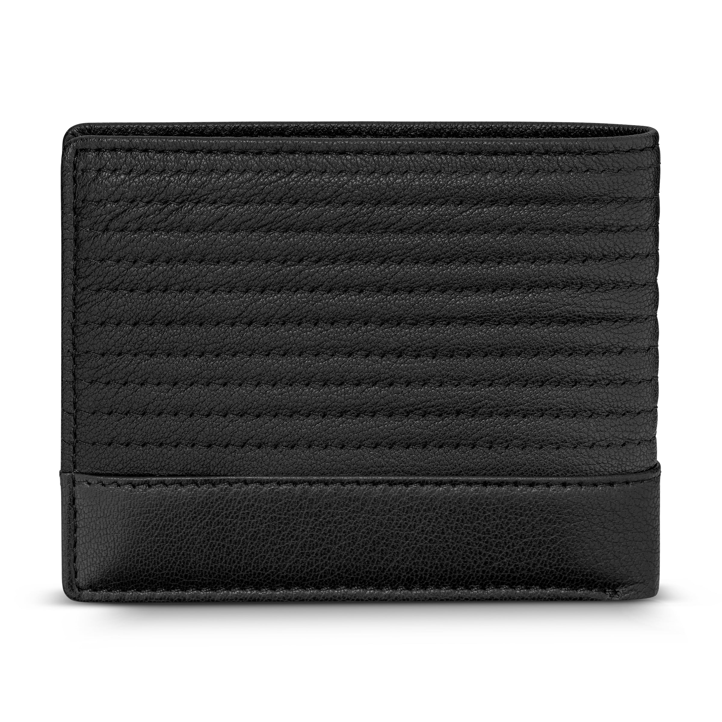 Black leather wallet with horizontal quilted stitching on the upper part and a smooth pebbled leather band at the bottom.