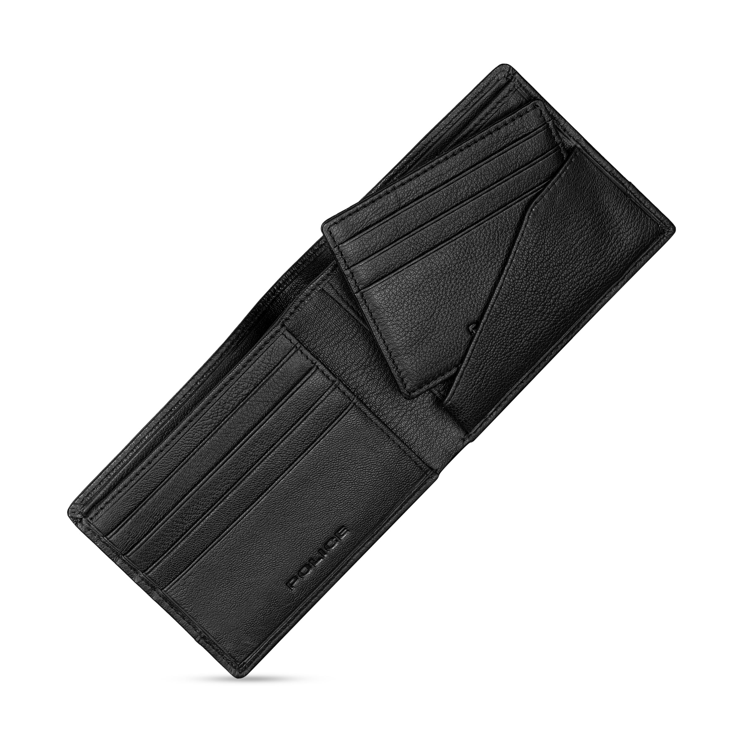 Black textured leather bifold wallet, open to show multiple card slots and a removable card holder. "POLICE" logo embossed in