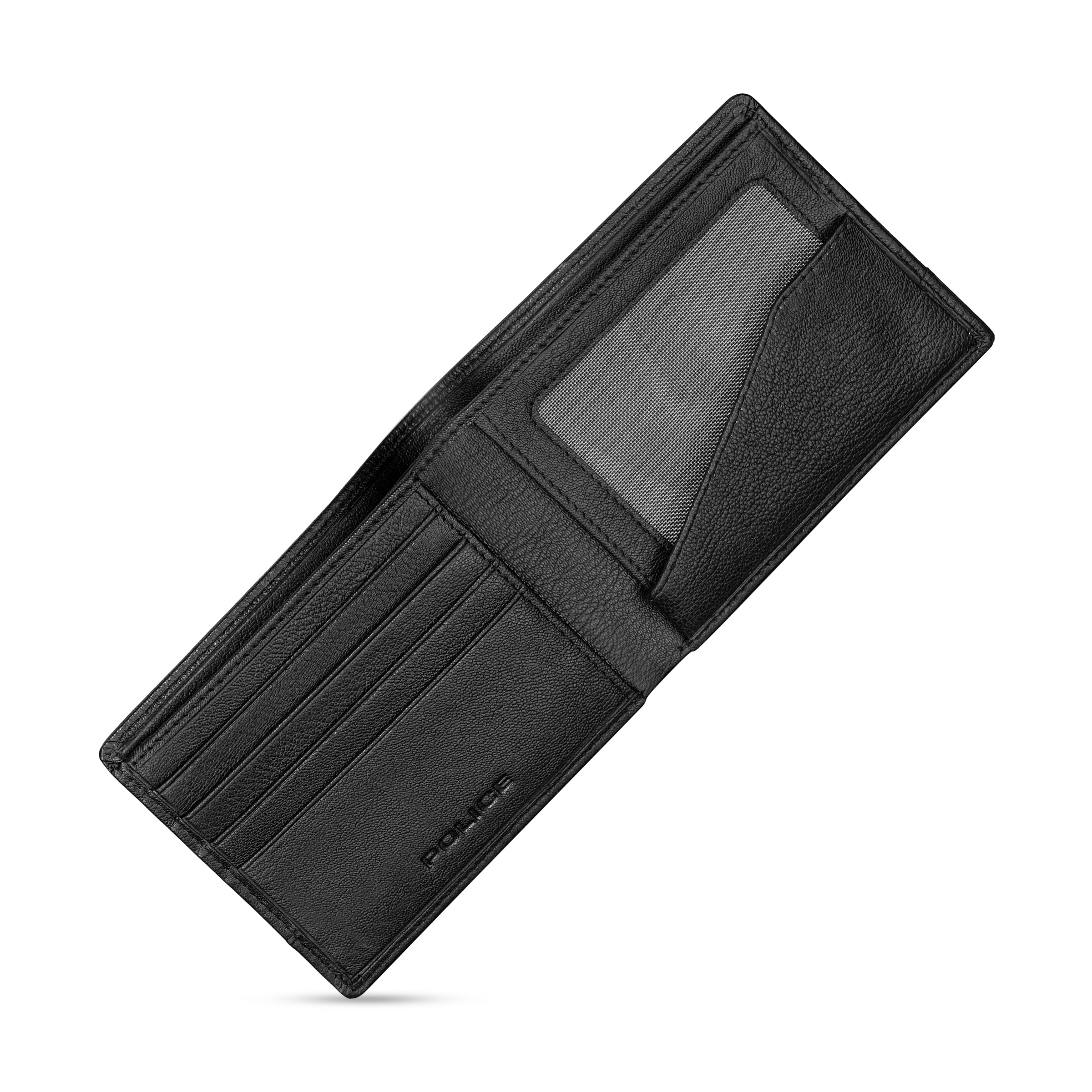 Black textured leather bifold wallet, open. Interior shows multiple card slots on left, clear ID window and slot on right. 'P