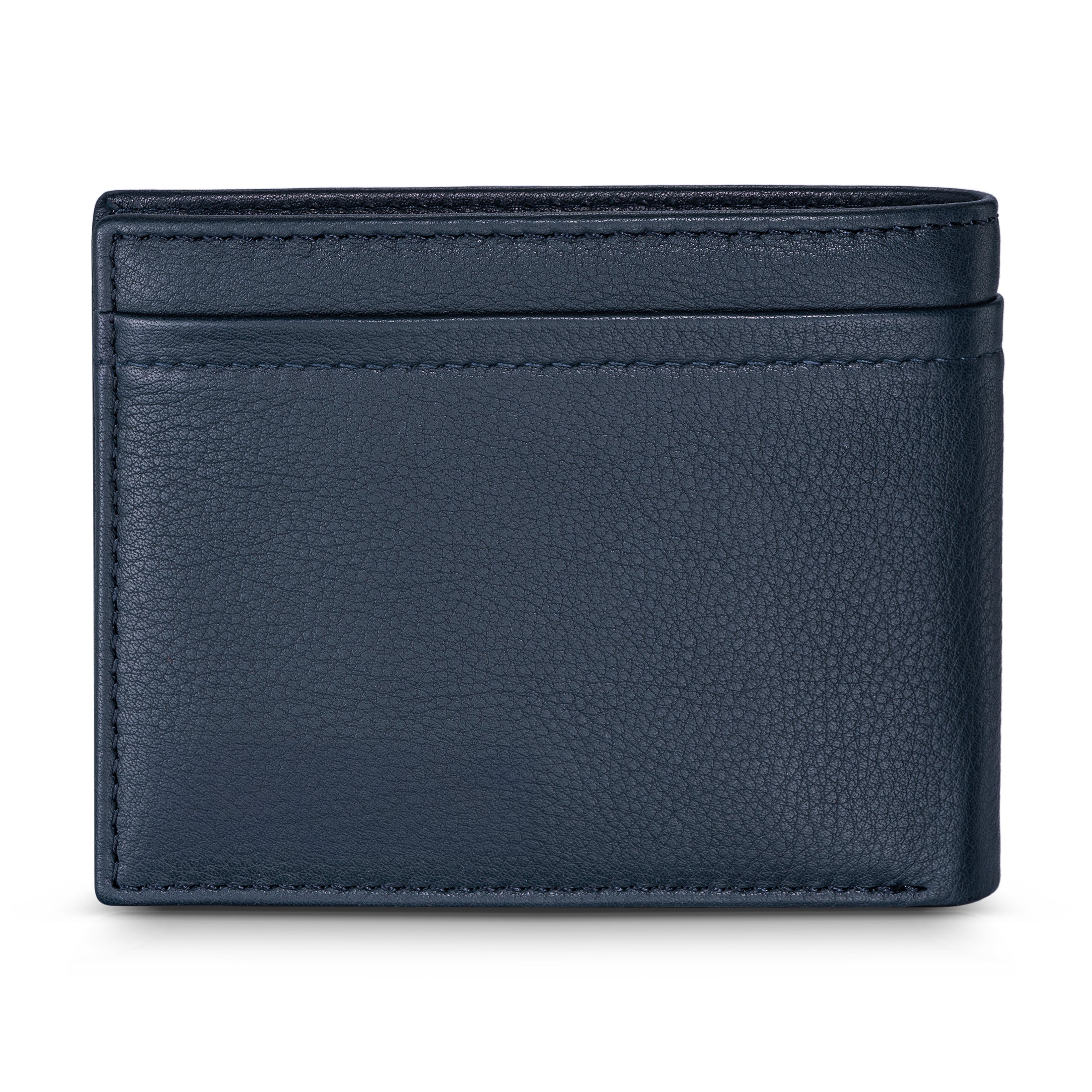 Navy blue pebbled leather wallet with visible stitching and two horizontal card slots.
