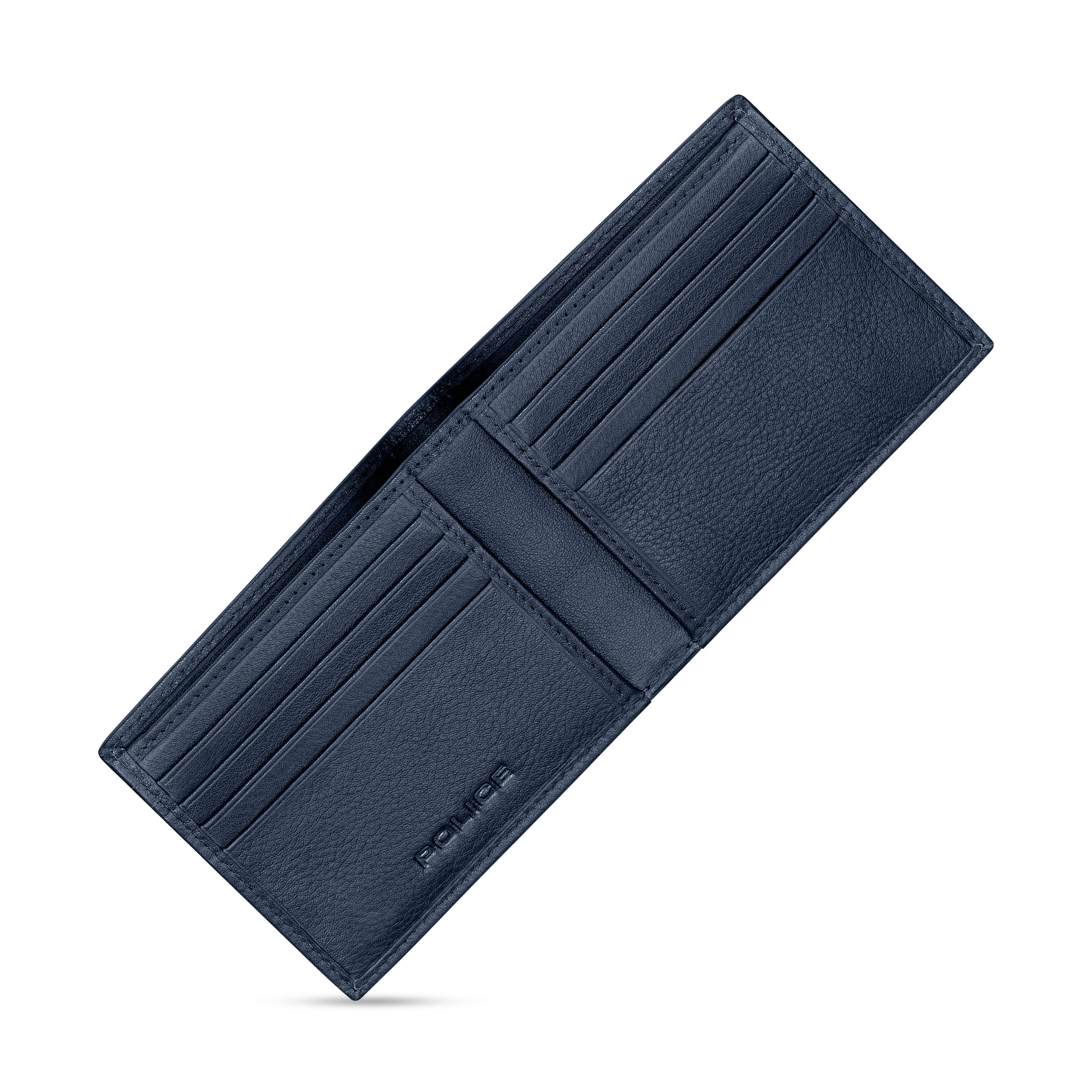 Open navy blue pebbled leather bifold wallet with multiple card slots and an embossed 'POLICE' logo on the interior.