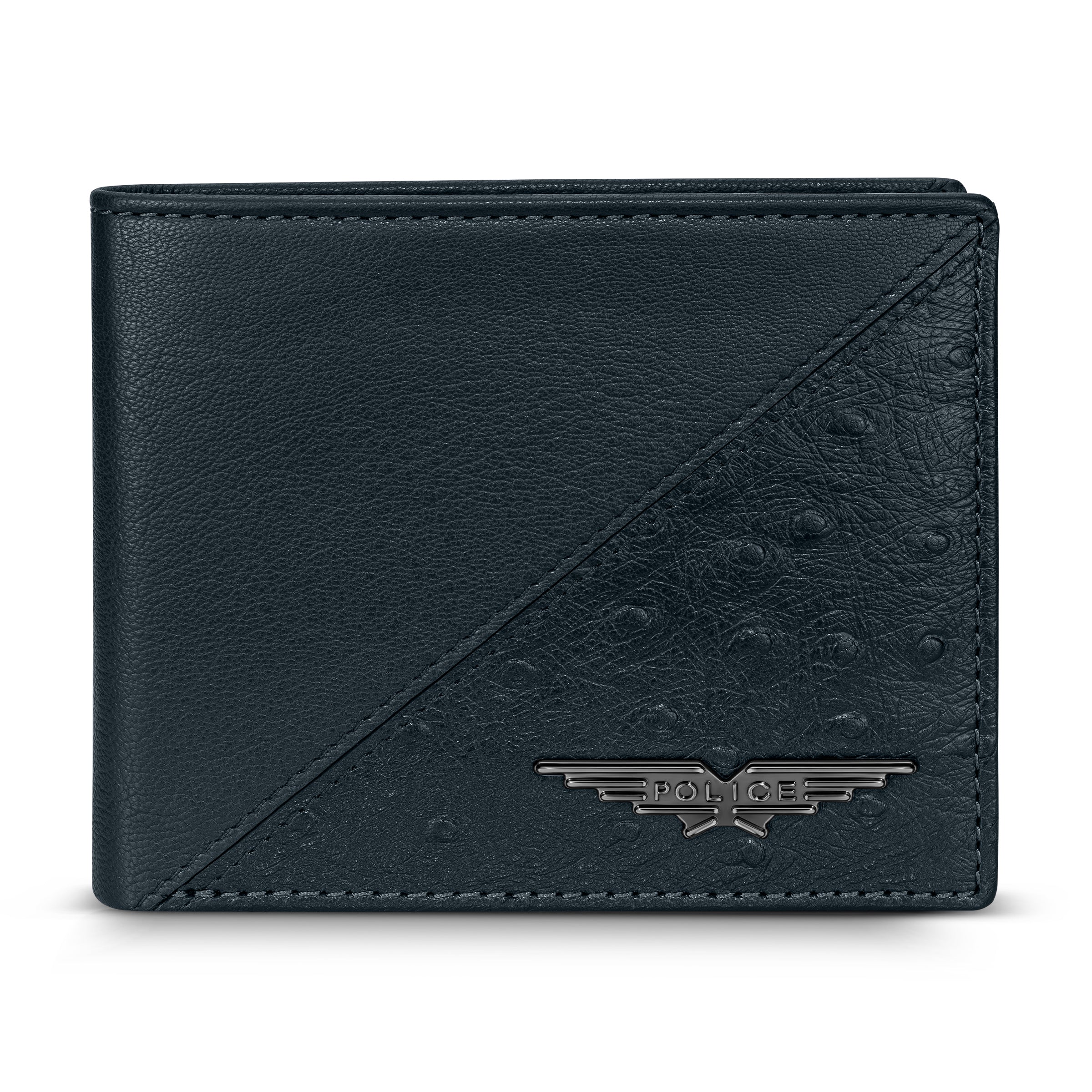 Navy leather bi-fold wallet with pebbled and ostrich-effect textures, featuring a gunmetal-toned Police logo.