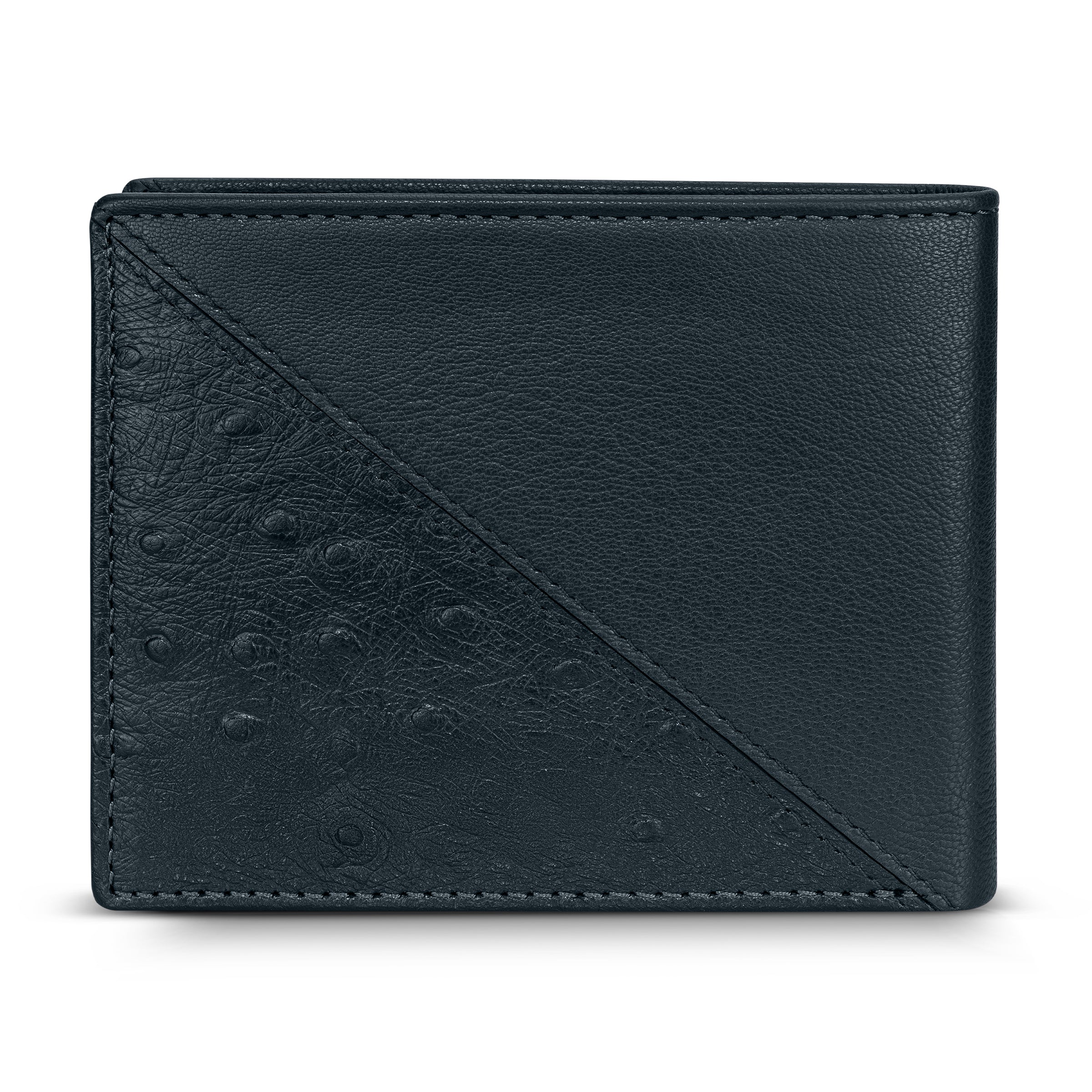Navy leather bifold wallet featuring a diagonal seam, separating smooth leather from croc-grain textured leather.