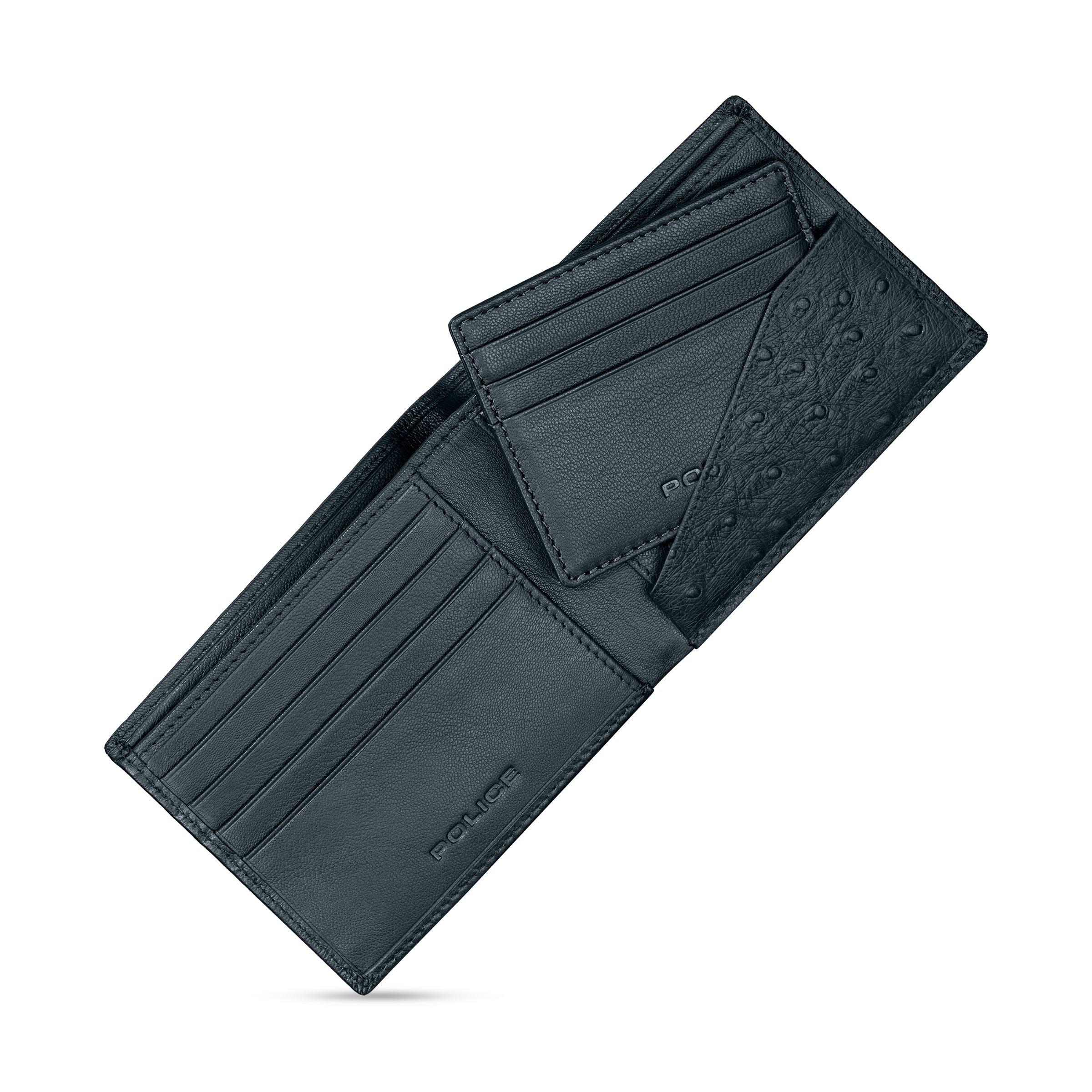 Navy leather bi-fold wallet with card slots. One interior side has an ostrich-like texture. Removable card holder with 'POLIC