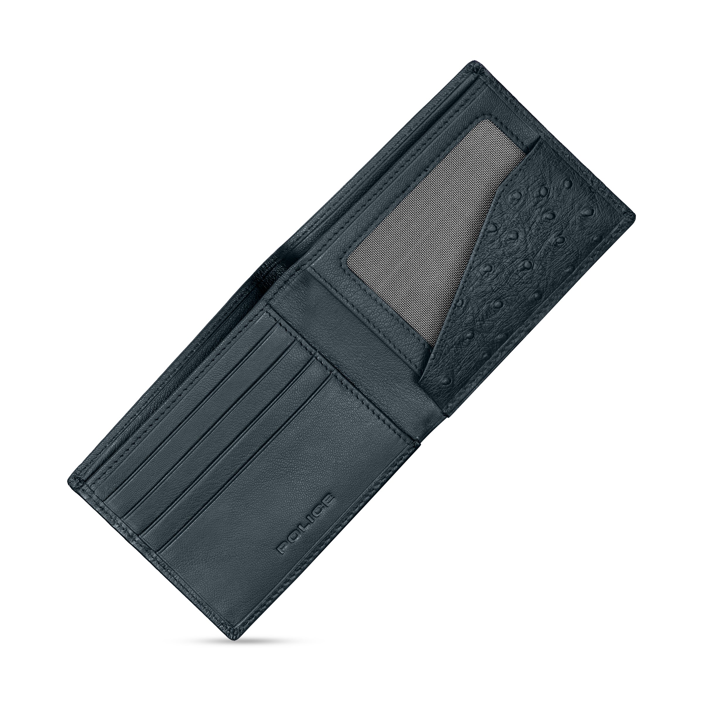 Open navy leather bi-fold wallet with card slots, clear ID window, and a crocodile-embossed interior. 'POLICE' embossed.