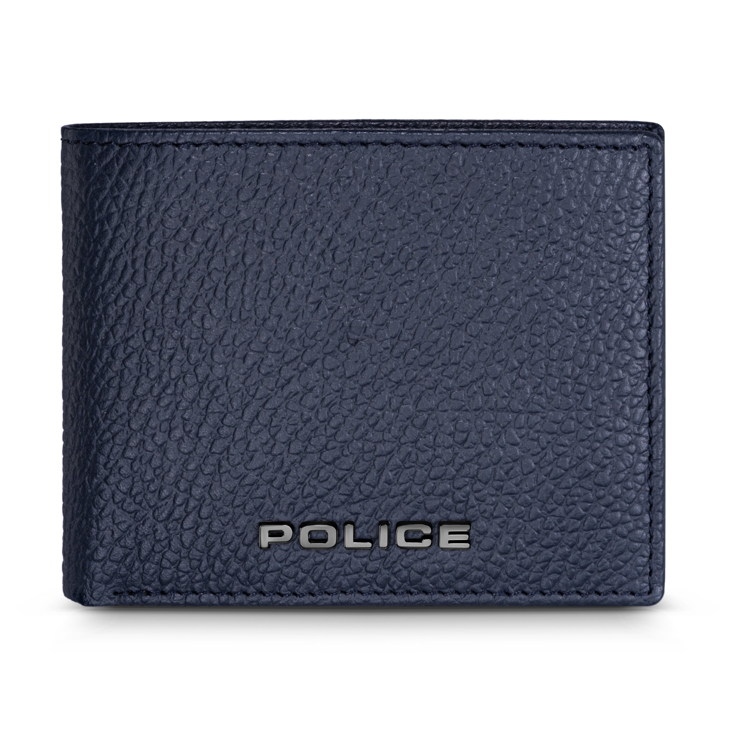 Navy blue pebbled leather bi-fold wallet with a silver-toned "POLICE" logo on the front.