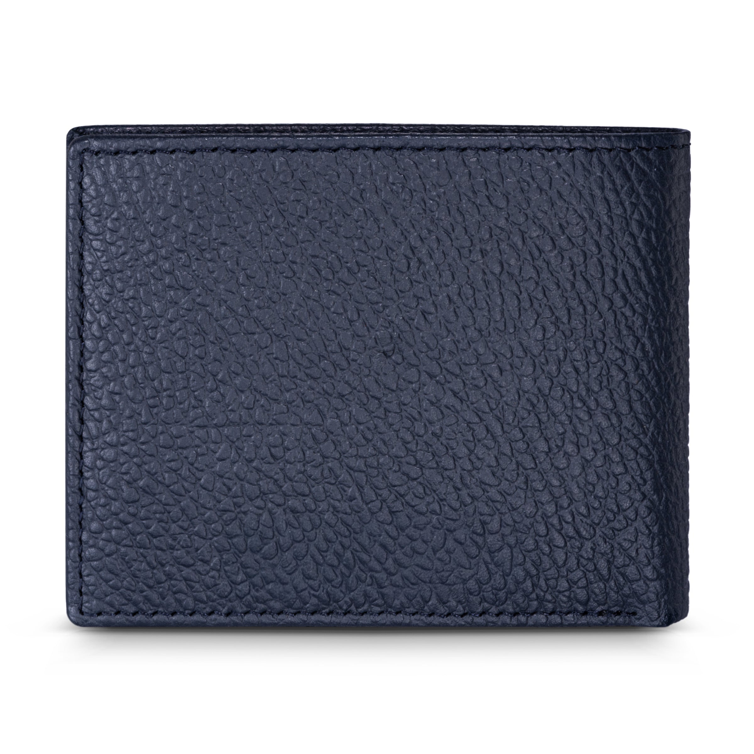 Navy bifold wallet made of pebbled leather, with visible stitching along the edges.
