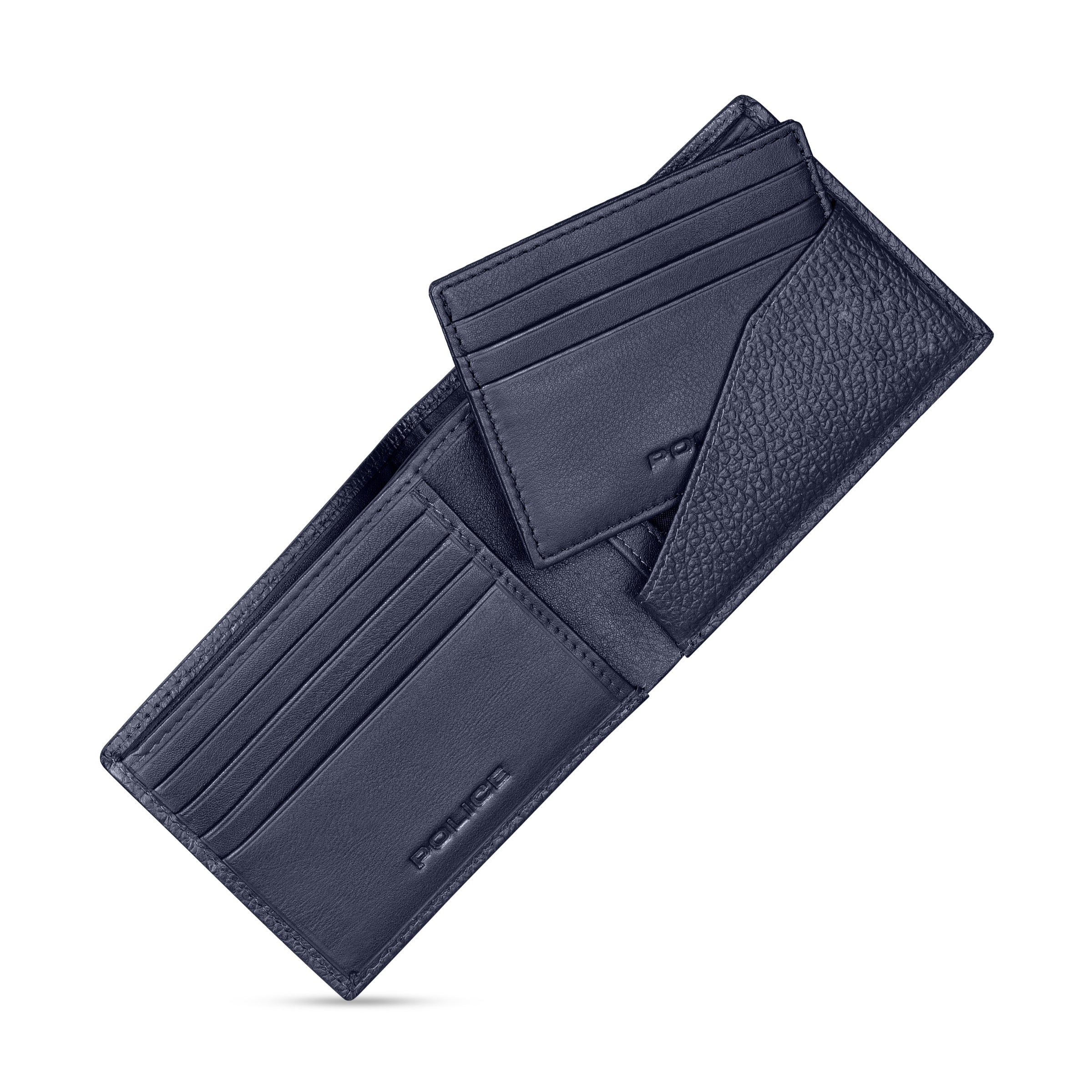 Open navy leather bifold wallet with smooth and pebbled textures. Features multiple card slots and a removable card holder.