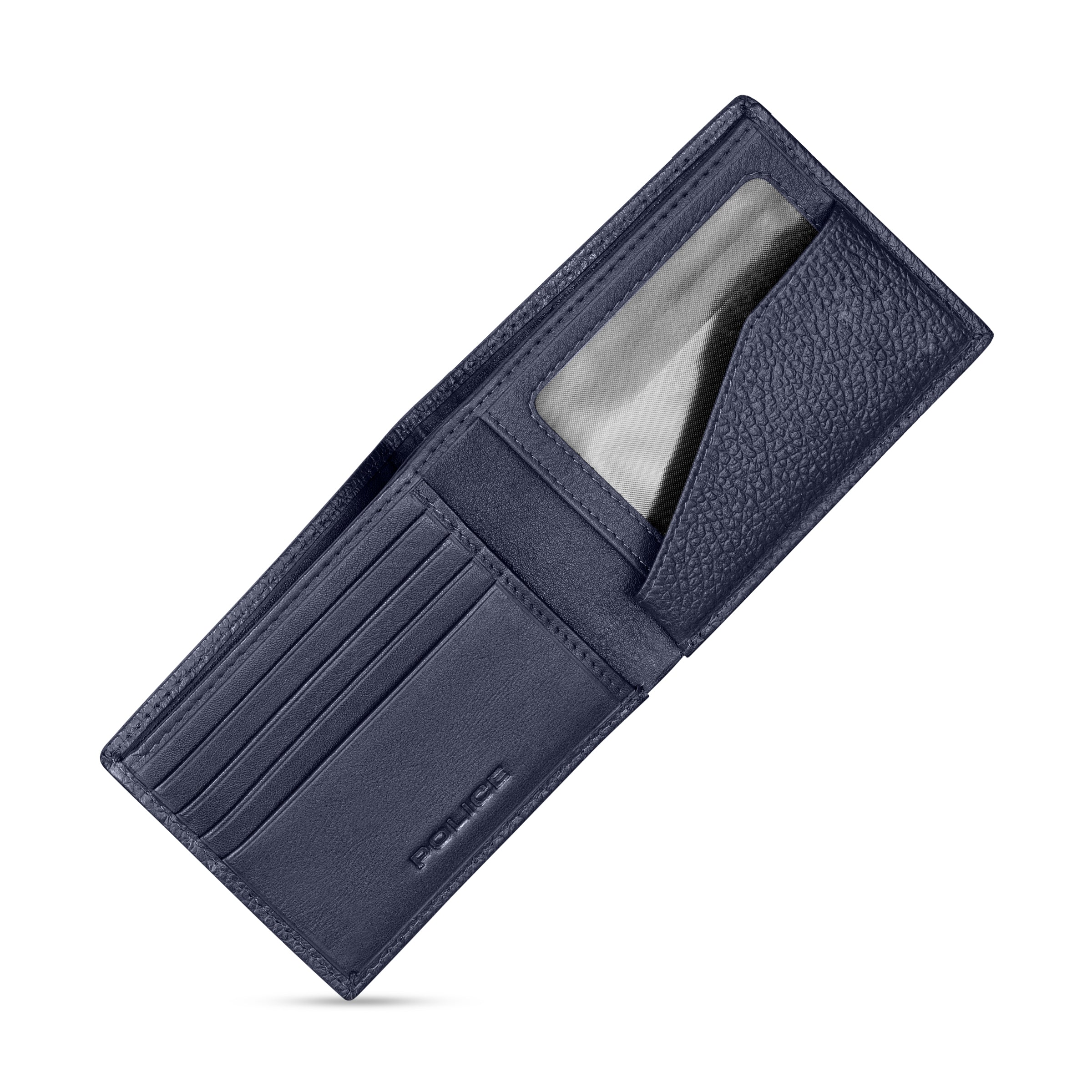 Open navy blue leather bifold wallet with multiple card slots, a clear ID window, and an embossed 'POLICE' logo.