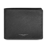 Black genuine leather bi-fold wallet with a cross-hatch texture and a dark metal Police logo emblem on the front.
