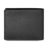 Black genuine leather bifold wallet with a crosshatch texture and visible stitching along the edges.