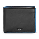 Black genuine leather bifold wallet with a pebbled texture, blue contrasting edges, and a silver-toned wing emblem.